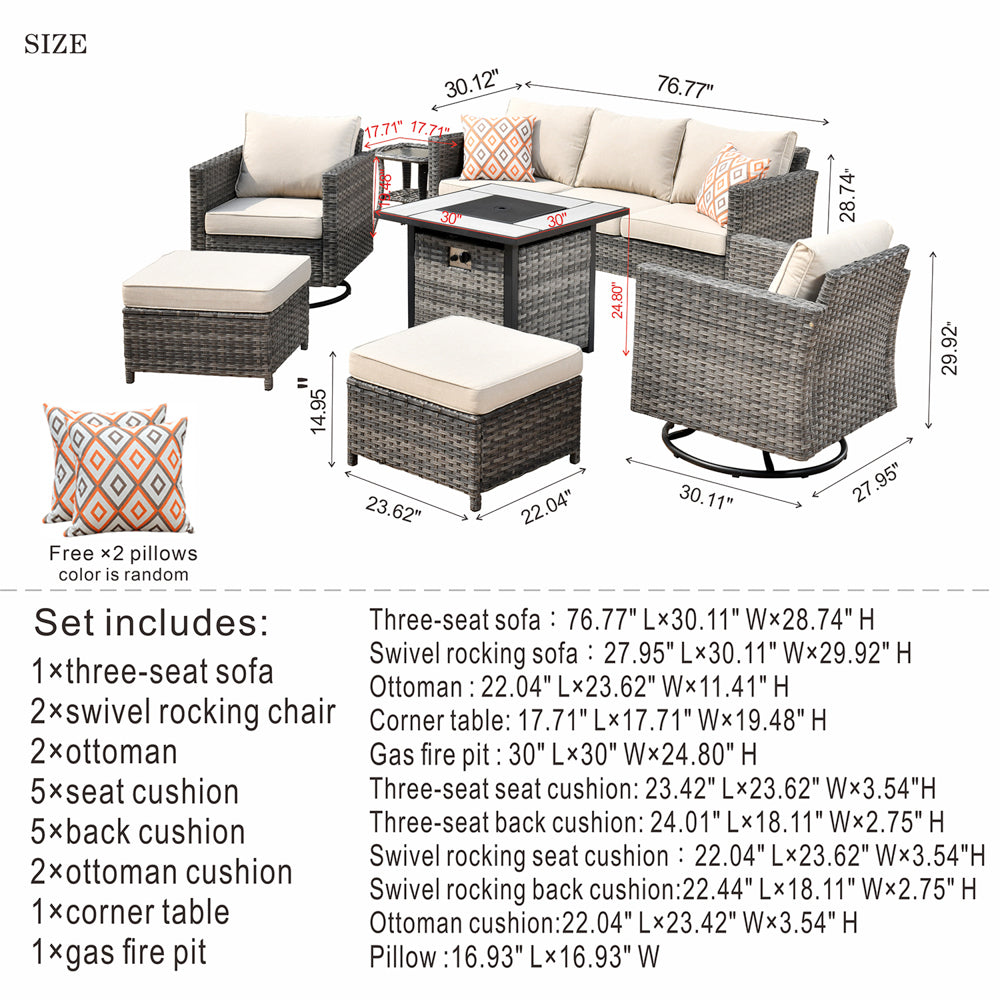 OVIOS Patio Vultros 7-Piece Set with 2 Rocking chairs and 30'' Propane Fire Pit Table