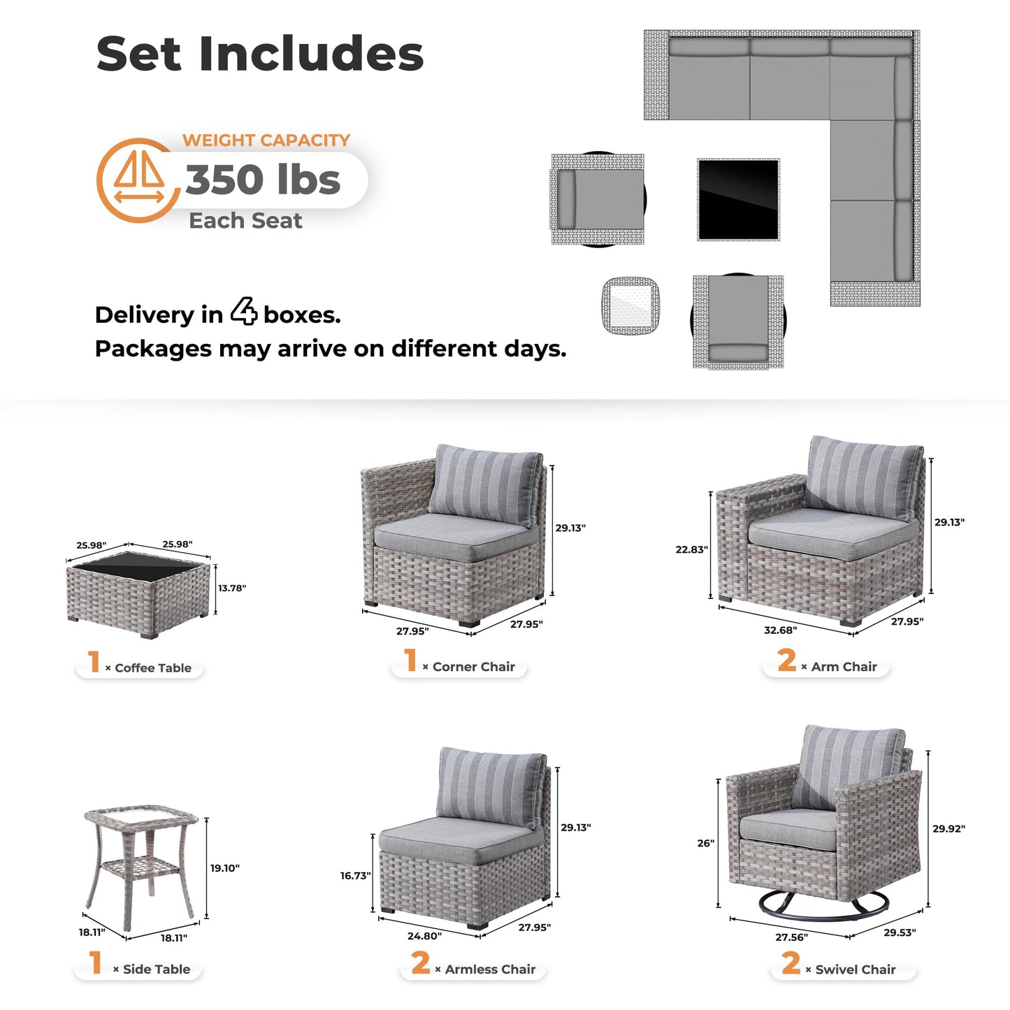OVIOS 9 Pieces Outdoor Furniture with 7.68'' Broad Handrails and Rocking Chair
