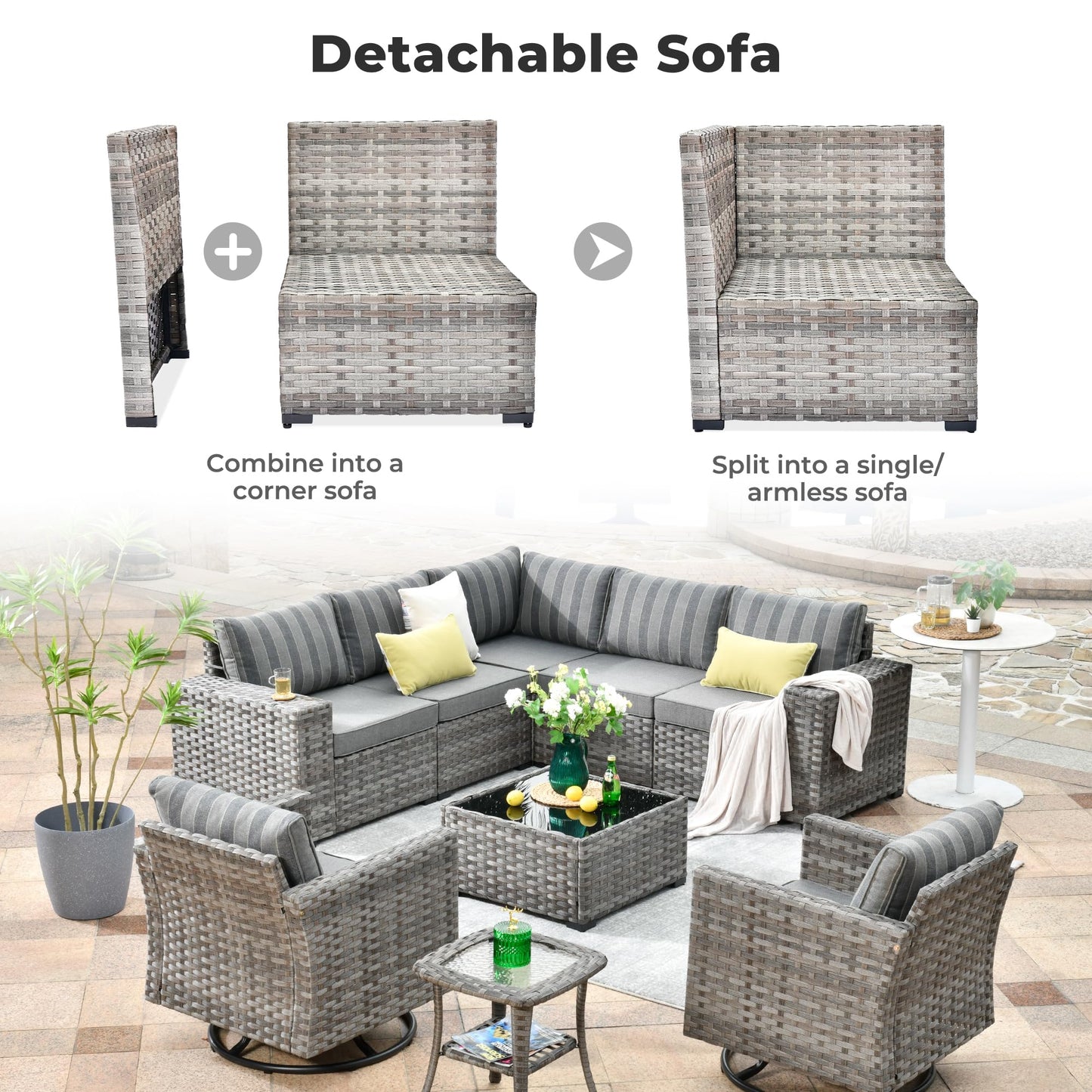 OVIOS 9 Pieces Outdoor Furniture with 7.68'' Broad Handrails and Rocking Chair