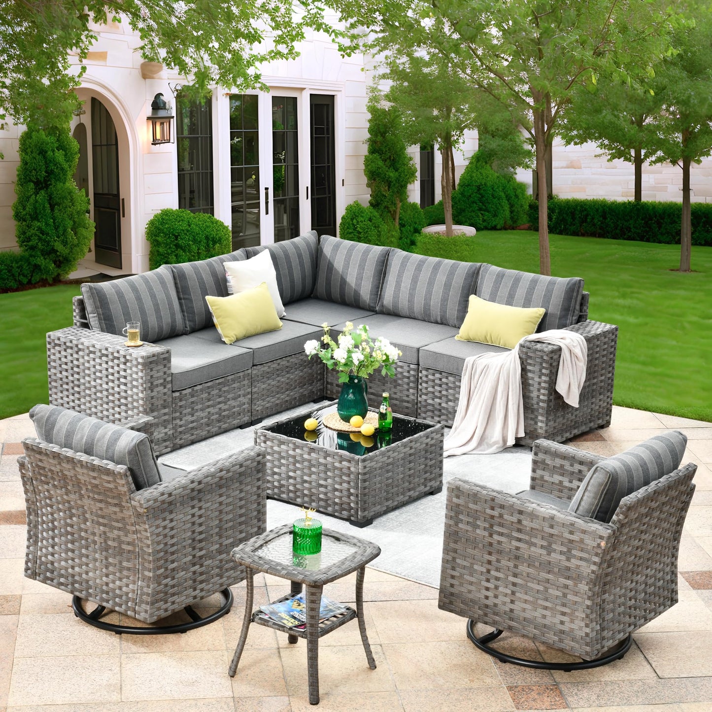 OVIOS 9 Pieces Outdoor Furniture with 7.68'' Broad Handrails and Rocking Chair