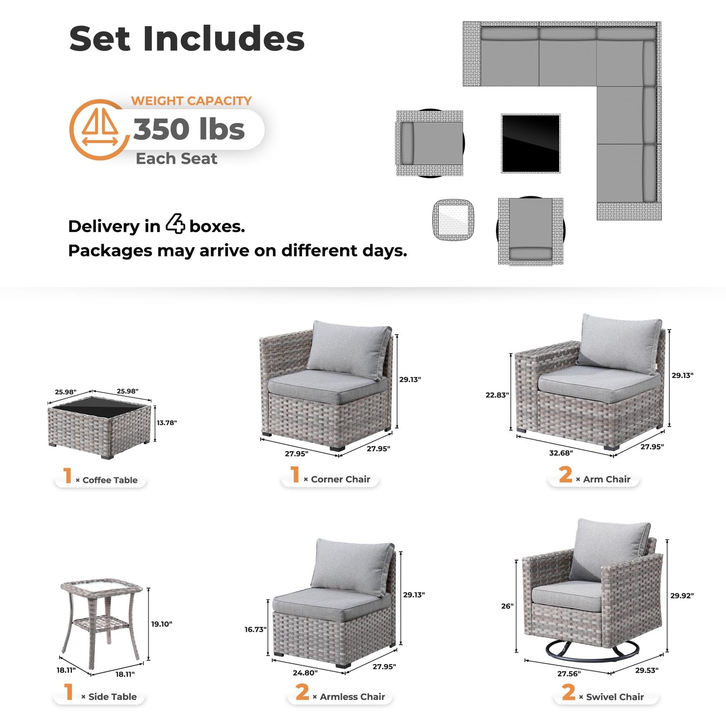 OVIOS 9 Pieces Outdoor Furniture with 7.68'' Broad Handrails and Rocking Chair