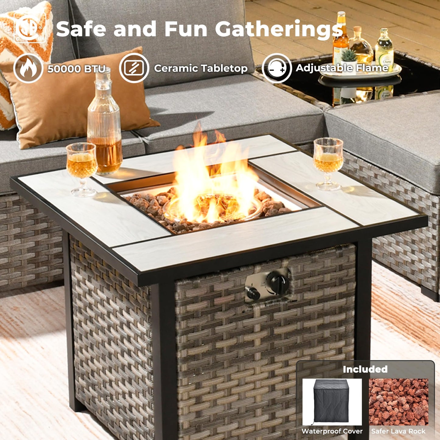 Ovios 10 Pieces Patio Furniture with 7.68'' Handrails and 30'' Fire Pit Table Rocking Chair
