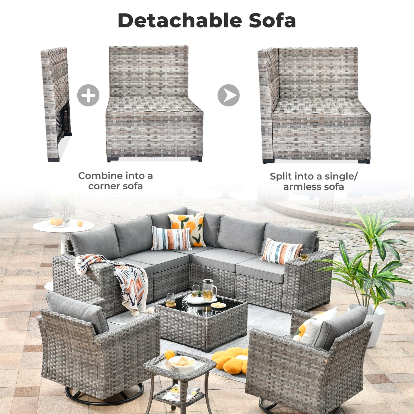 OVIOS 9 Pieces Outdoor Furniture with 7.68'' Broad Handrails and Rocking Chair