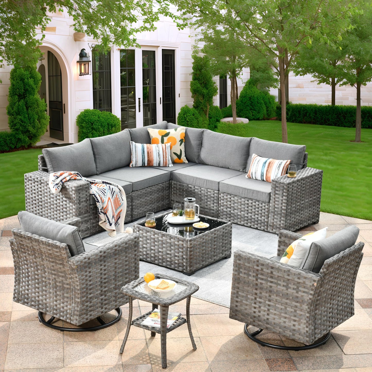OVIOS 9 Pieces Outdoor Furniture with 7.68'' Broad Handrails and Rocking Chair