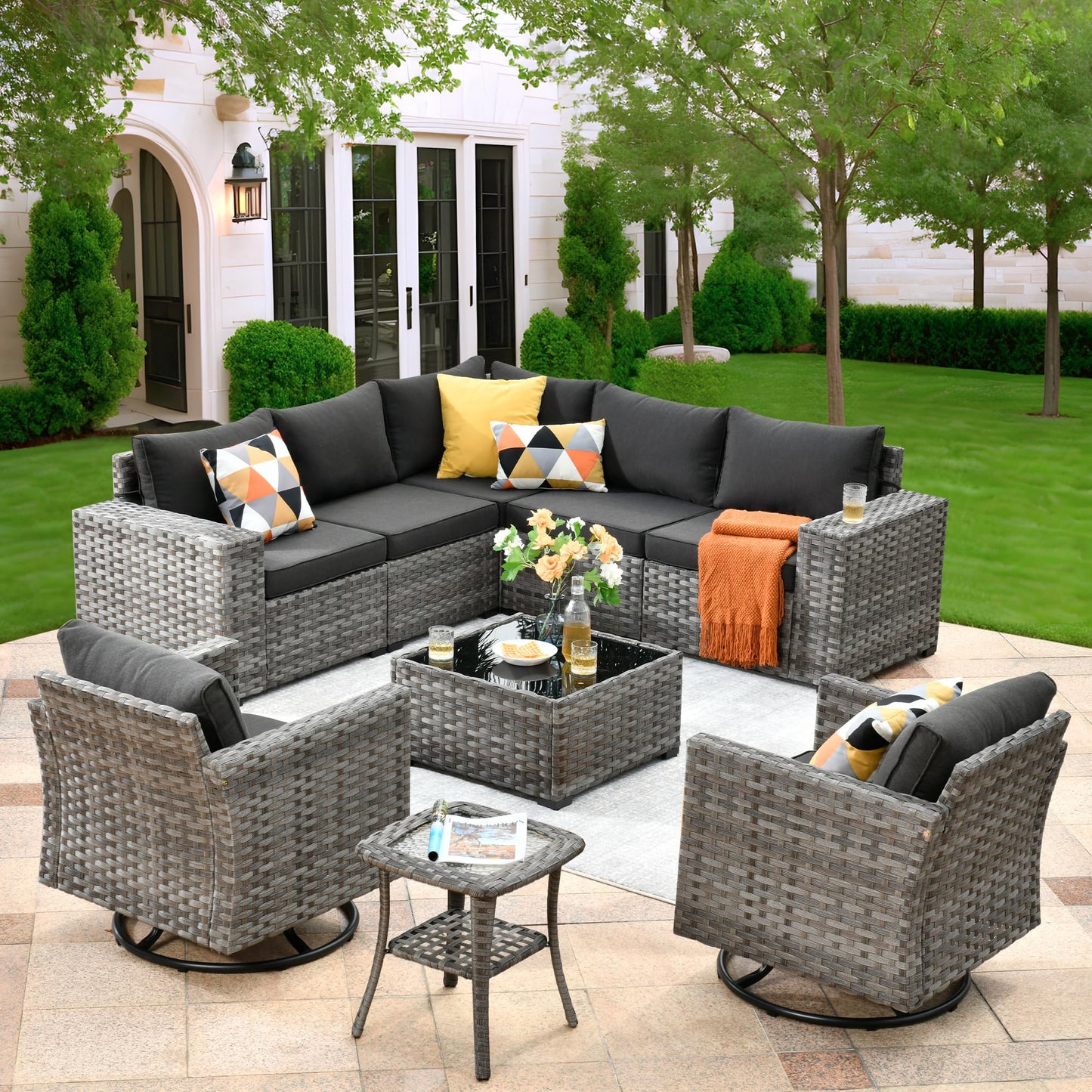 OVIOS 9 Pieces Outdoor Furniture with 7.68'' Broad Handrails and Rocking Chair