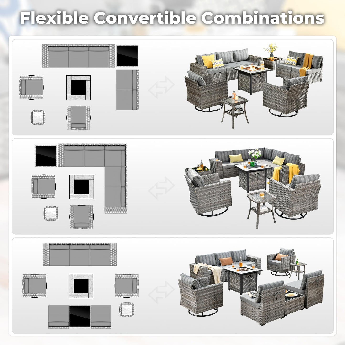 Ovios 10 Pieces Patio Furniture with 7.68'' Handrails and 30'' Fire Pit Table Rocking Chair