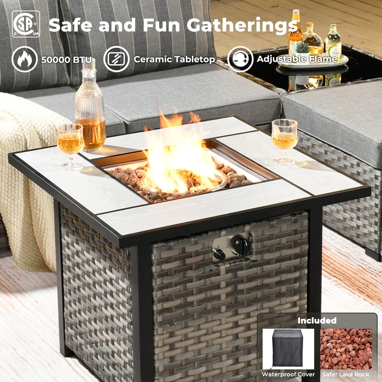 Ovios 10 Pieces Patio Furniture with 7.68'' Handrails and 30'' Fire Pit Table Rocking Chair