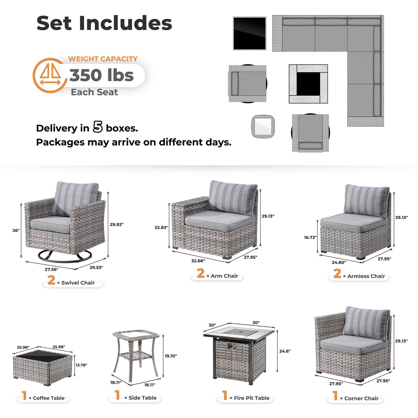 Ovios 10 Pieces Patio Furniture with 7.68'' Handrails and 30'' Fire Pit Table Rocking Chair