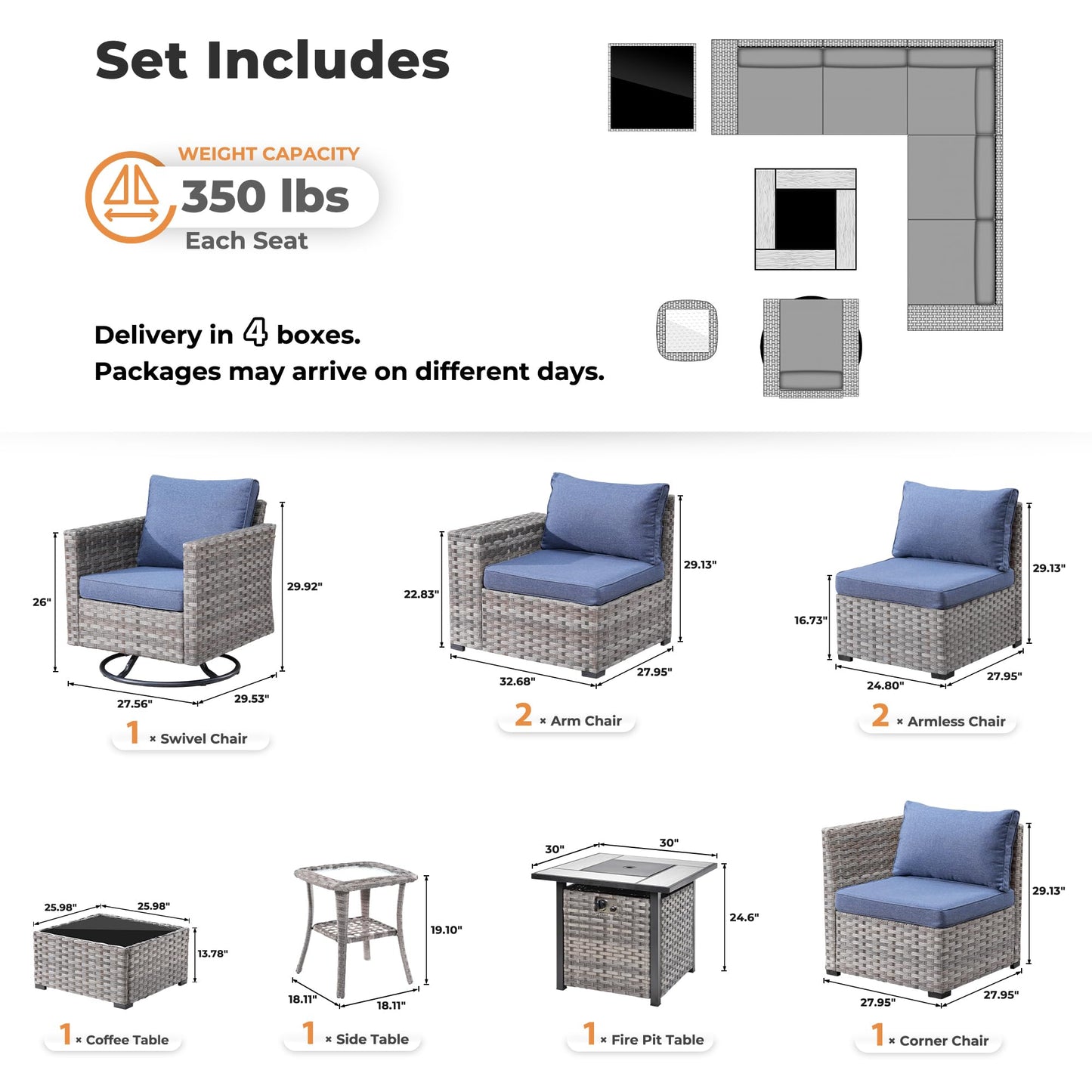 Ovios 9 Pieces Patio Furniture Set, Outdoor Sectional Sofa with Swivel Rocking Chair, 30" Fire Pit Table