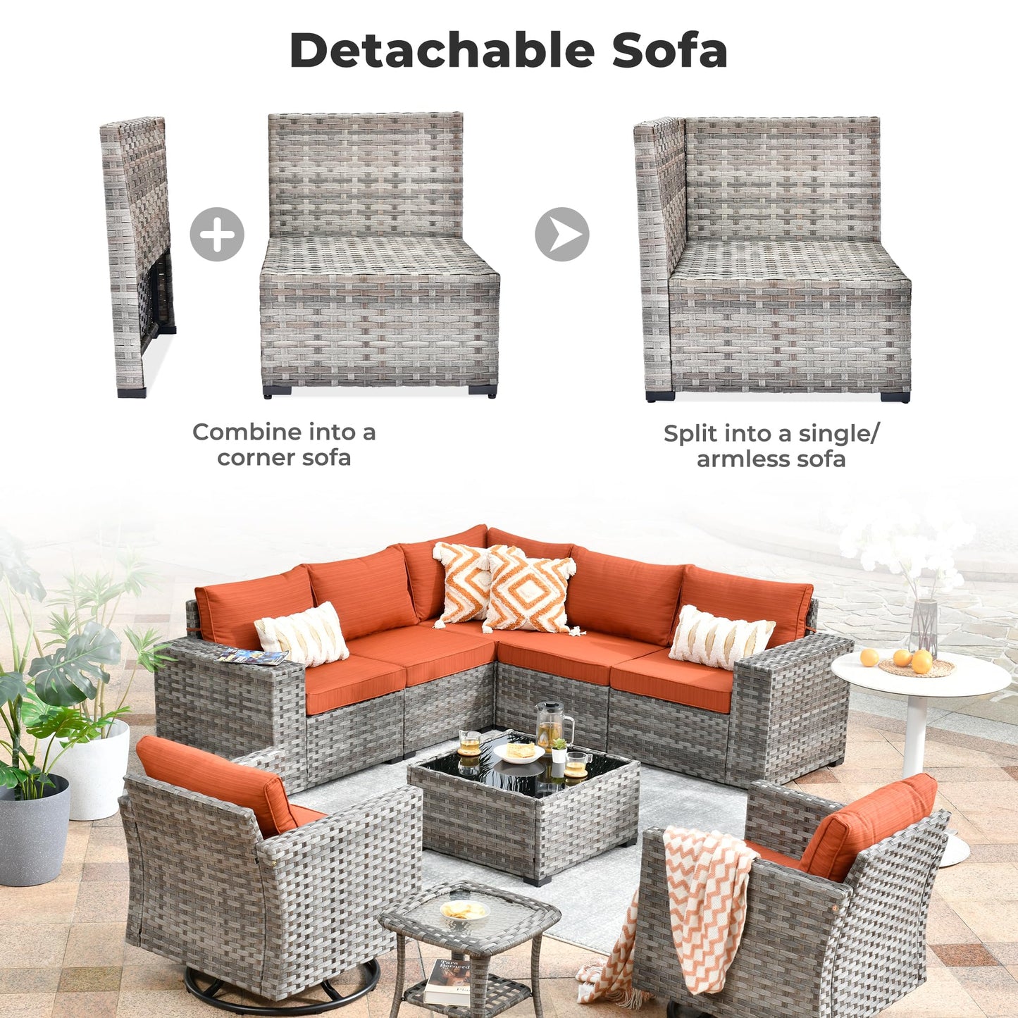 OVIOS 9 Pieces Outdoor Furniture with 7.68'' Broad Handrails and Rocking Chair