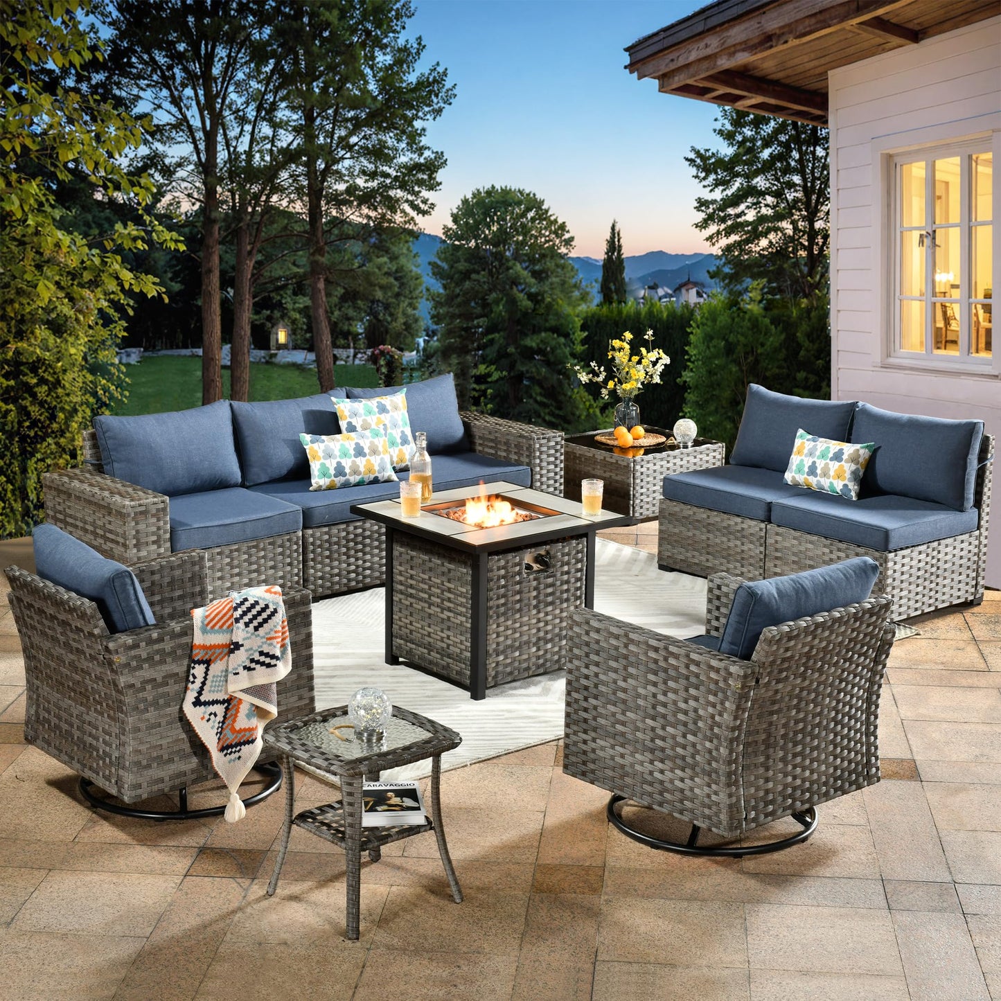Ovios 10 Pieces Patio Furniture with 7.68'' Handrails and 30'' Fire Pit Table Rocking Chair