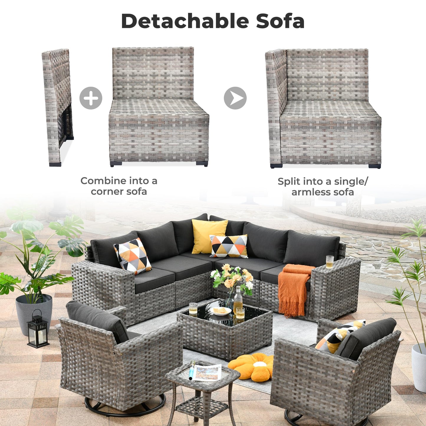 OVIOS 9 Pieces Outdoor Furniture with 7.68'' Broad Handrails and Rocking Chair