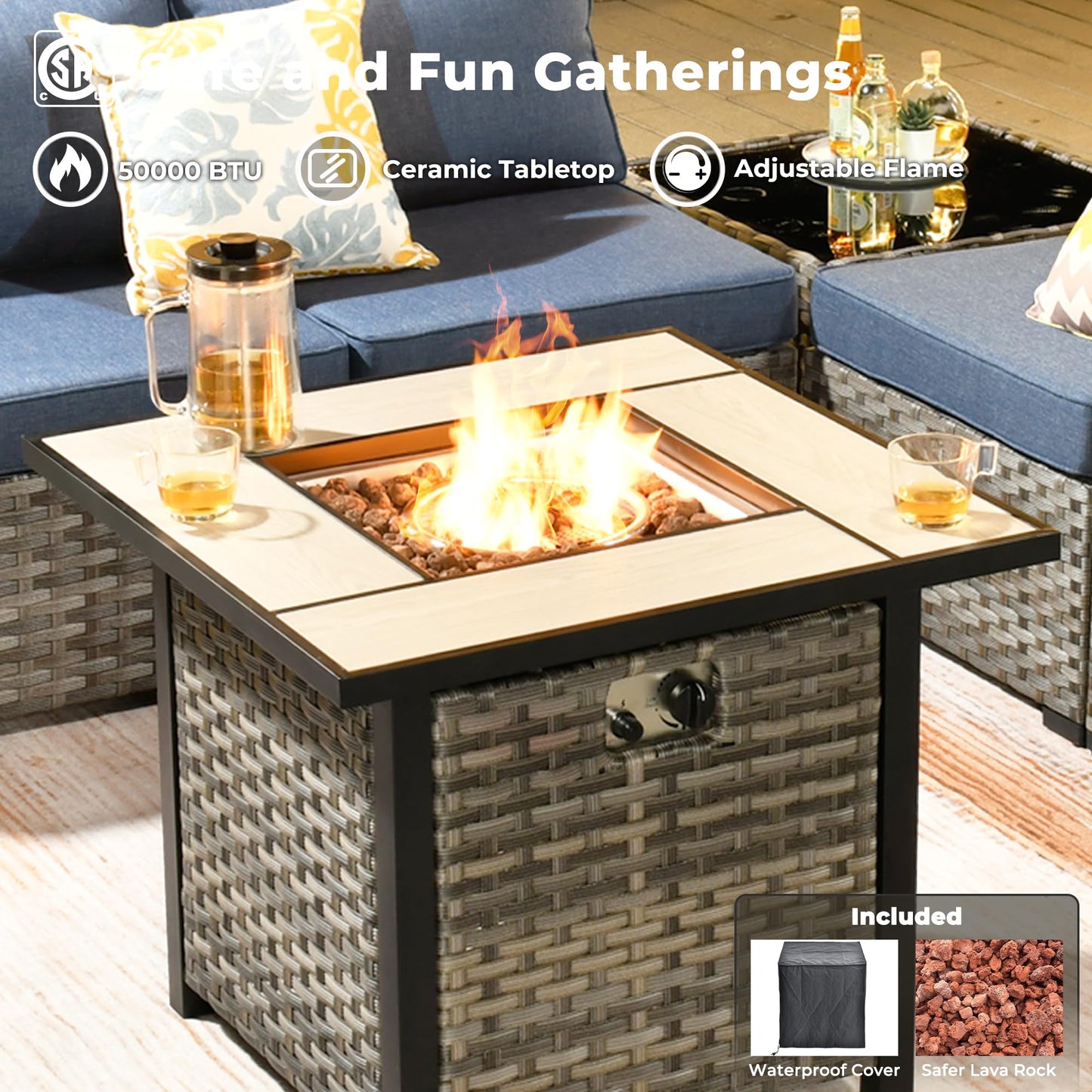 Ovios 10 Pieces Patio Furniture with 7.68'' Handrails and 30'' Fire Pit Table Rocking Chair