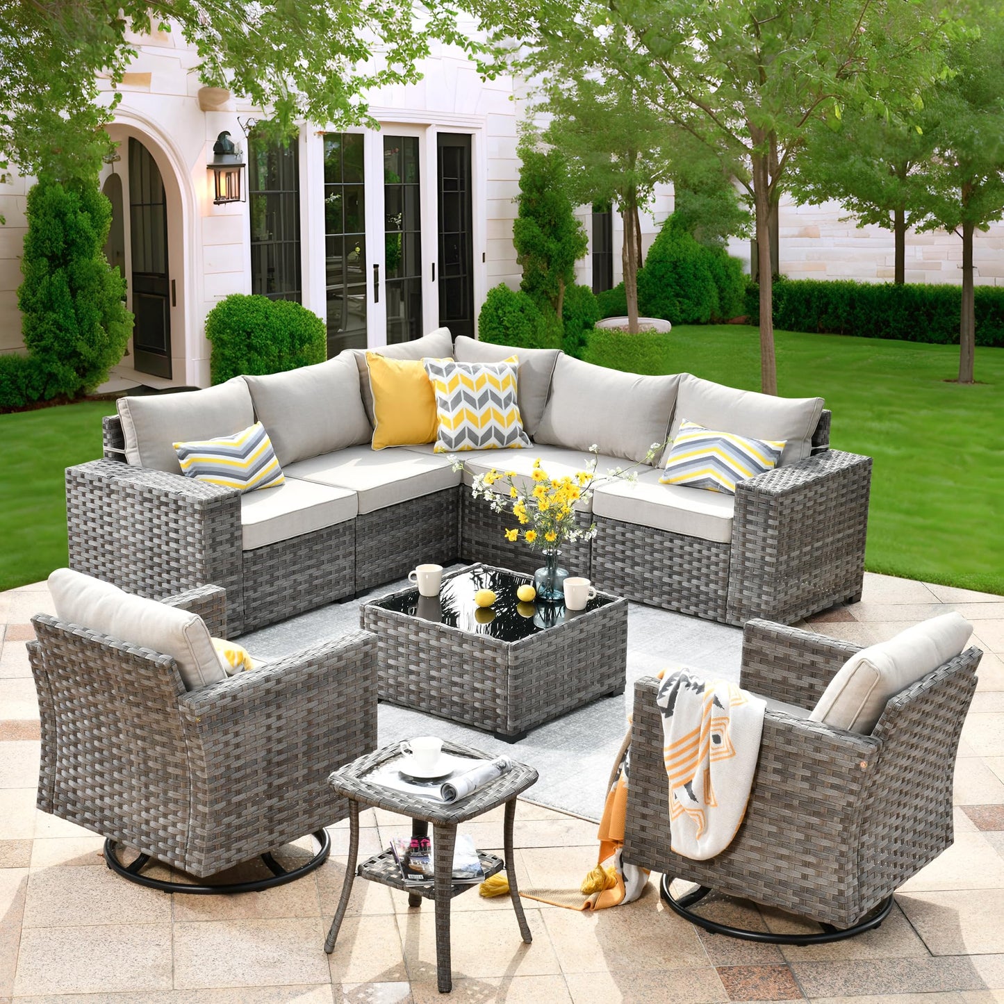 OVIOS 9 Pieces Outdoor Furniture with 7.68'' Broad Handrails and Rocking Chair