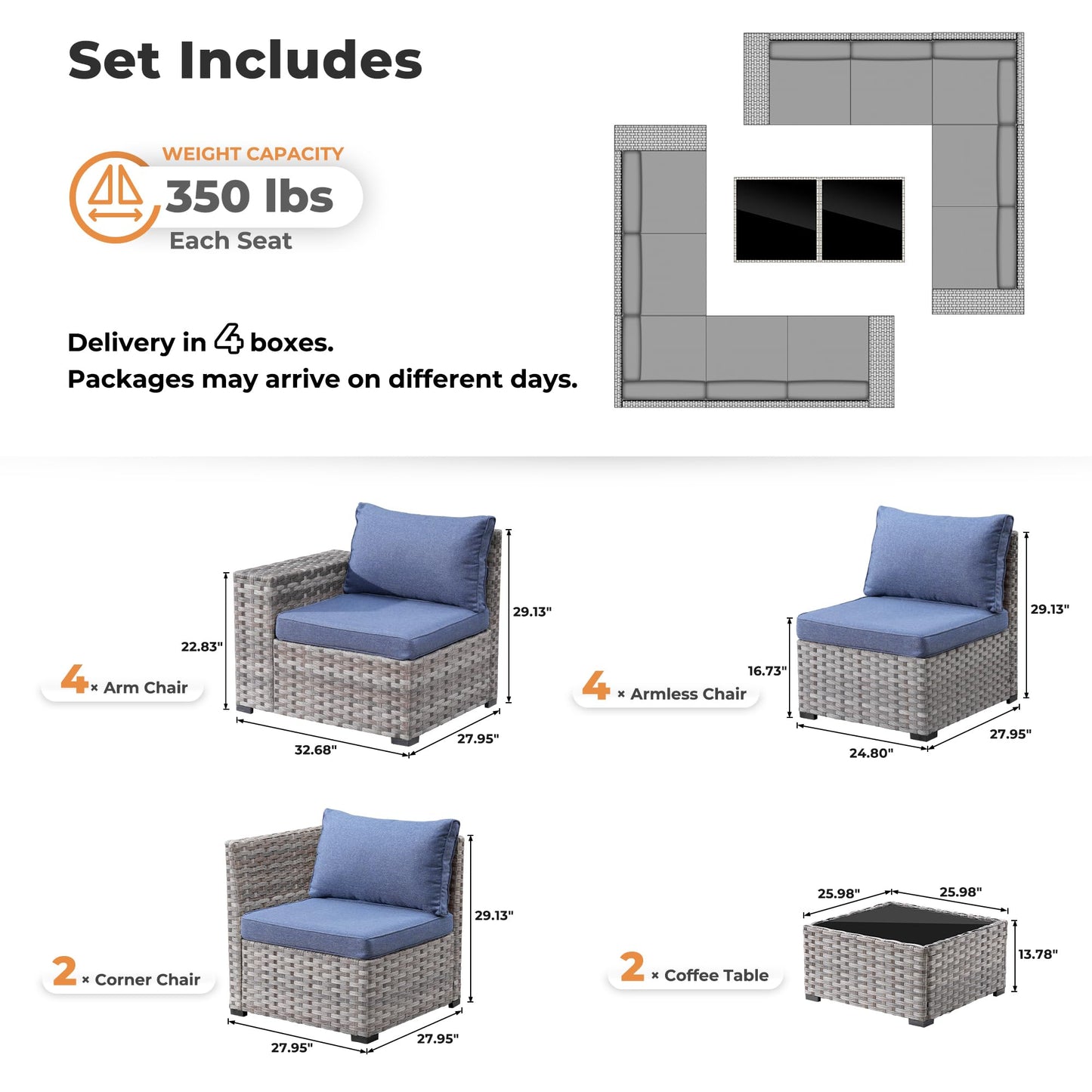 OVIOS 12 Pieces Patio Conversation Set with 7.68'' Broad Handrails