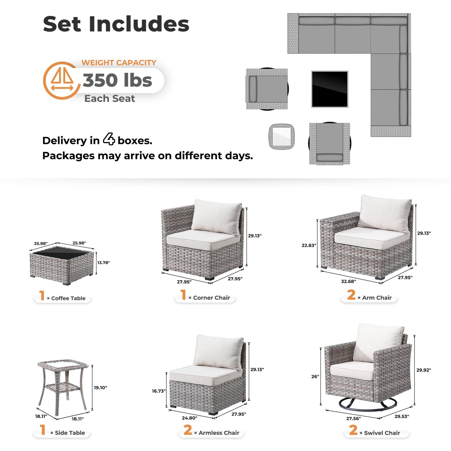 OVIOS 9 Pieces Outdoor Furniture with 7.68'' Broad Handrails and Rocking Chair