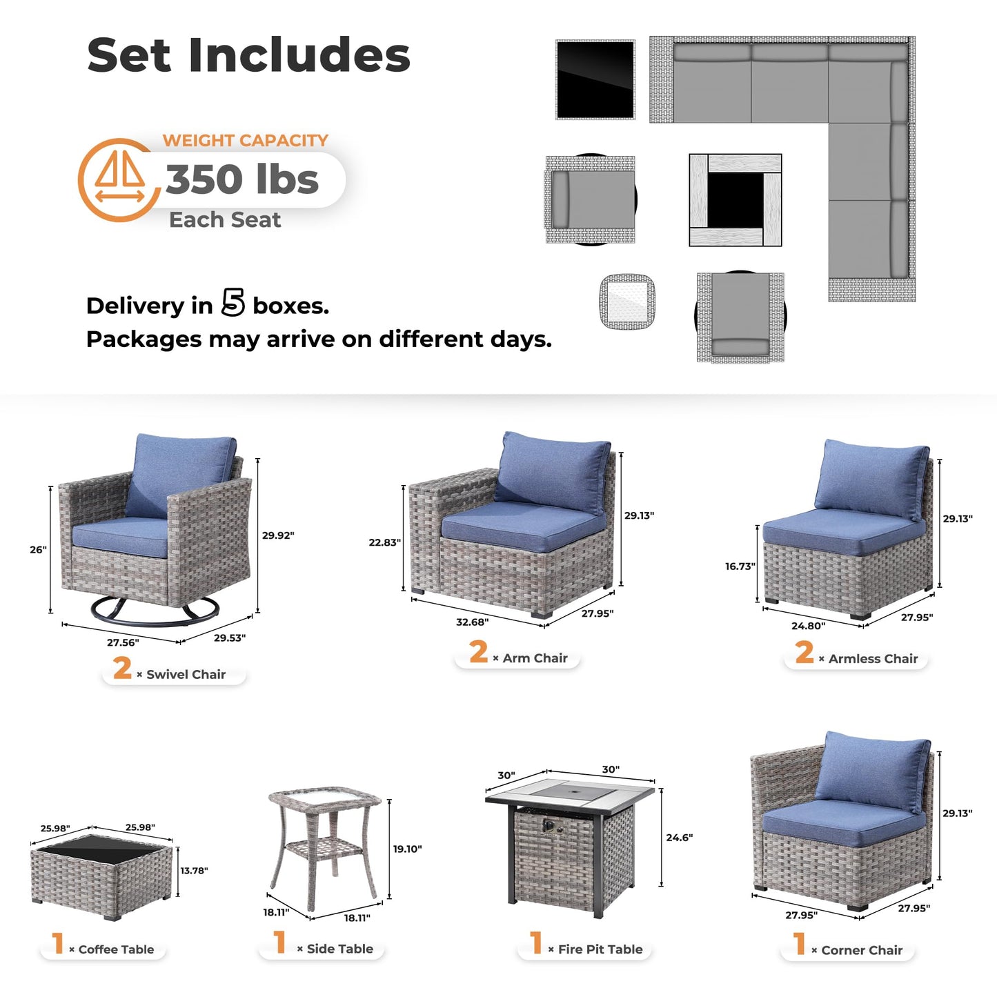 Ovios 10 Pieces Patio Furniture with 7.68'' Handrails and 30'' Fire Pit Table Rocking Chair