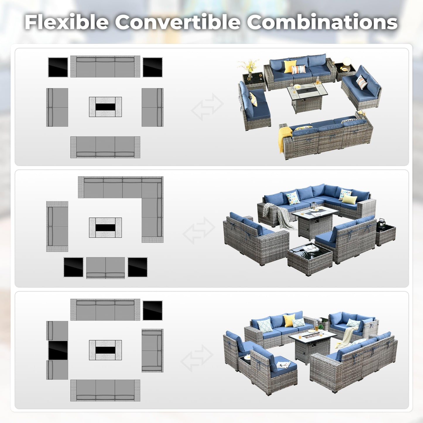 Ovios 13 Pieces Outdoor Furniture with 7.68'' Broad Handrails and Rectangle 42.12'' Fire Pit Table