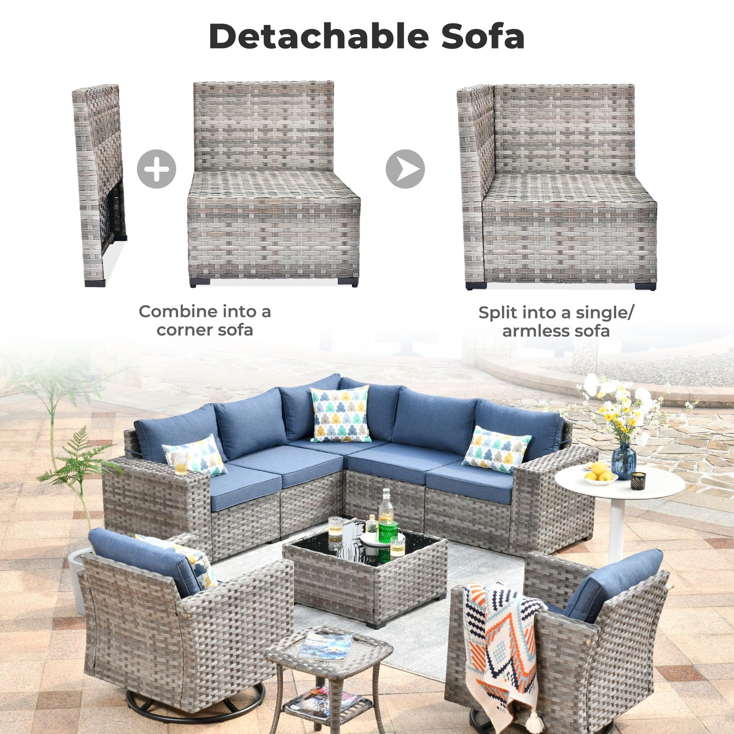 OVIOS 9 Pieces Outdoor Furniture with 7.68'' Broad Handrails and Rocking Chair