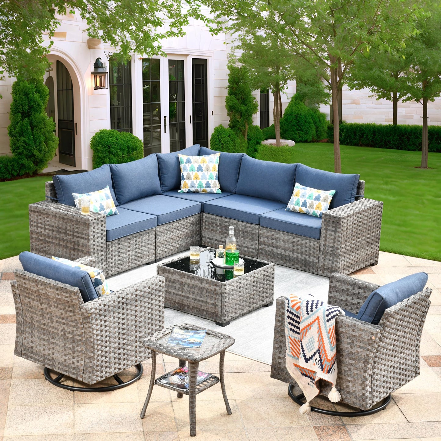 OVIOS 9 Pieces Outdoor Furniture with 7.68'' Broad Handrails and Rocking Chair