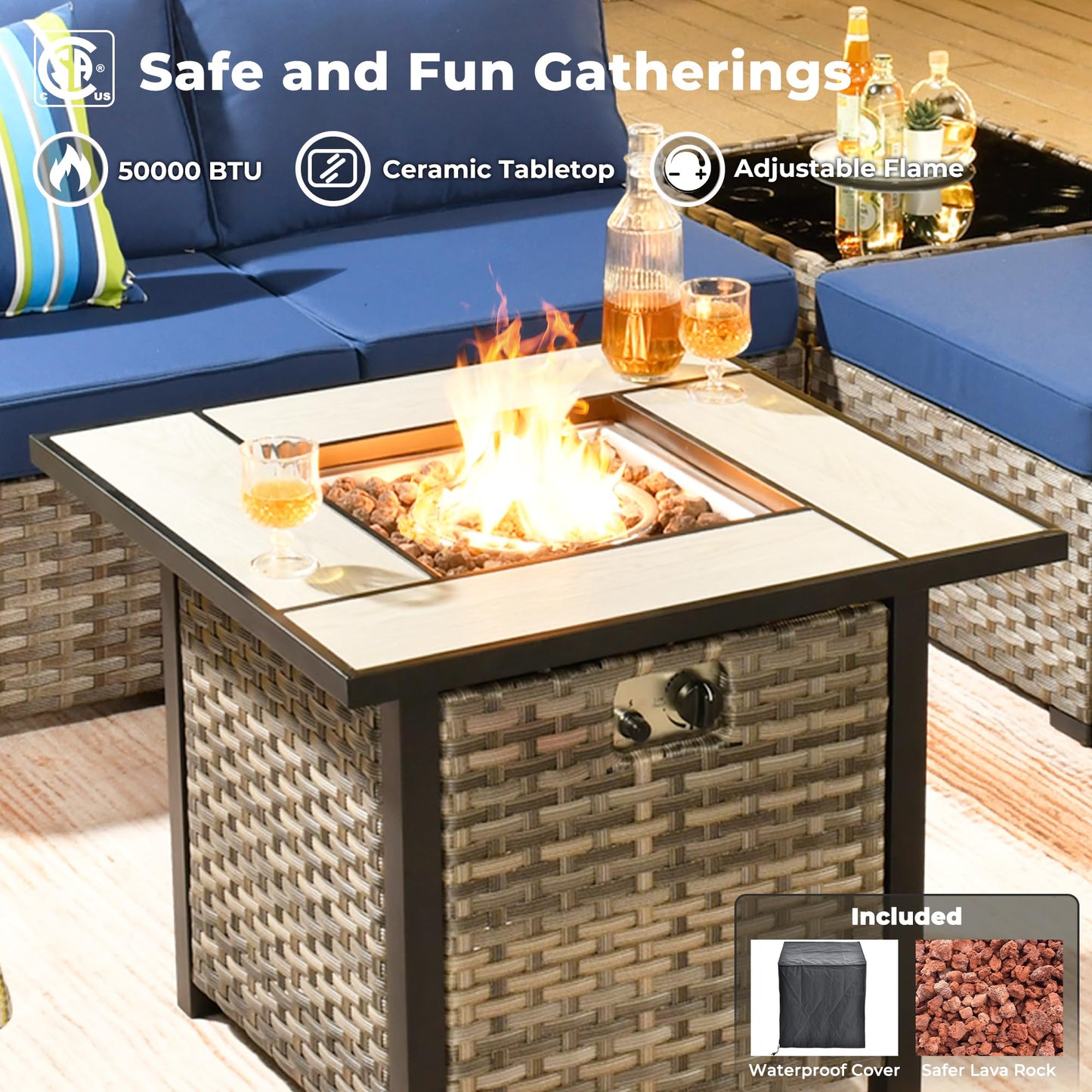 Ovios 10 Pieces Patio Furniture with 7.68'' Handrails and 30'' Fire Pit Table Rocking Chair