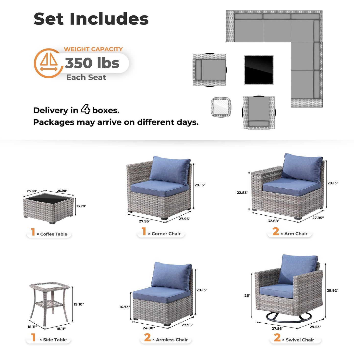 OVIOS 9 Pieces Outdoor Furniture with 7.68'' Broad Handrails and Rocking Chair