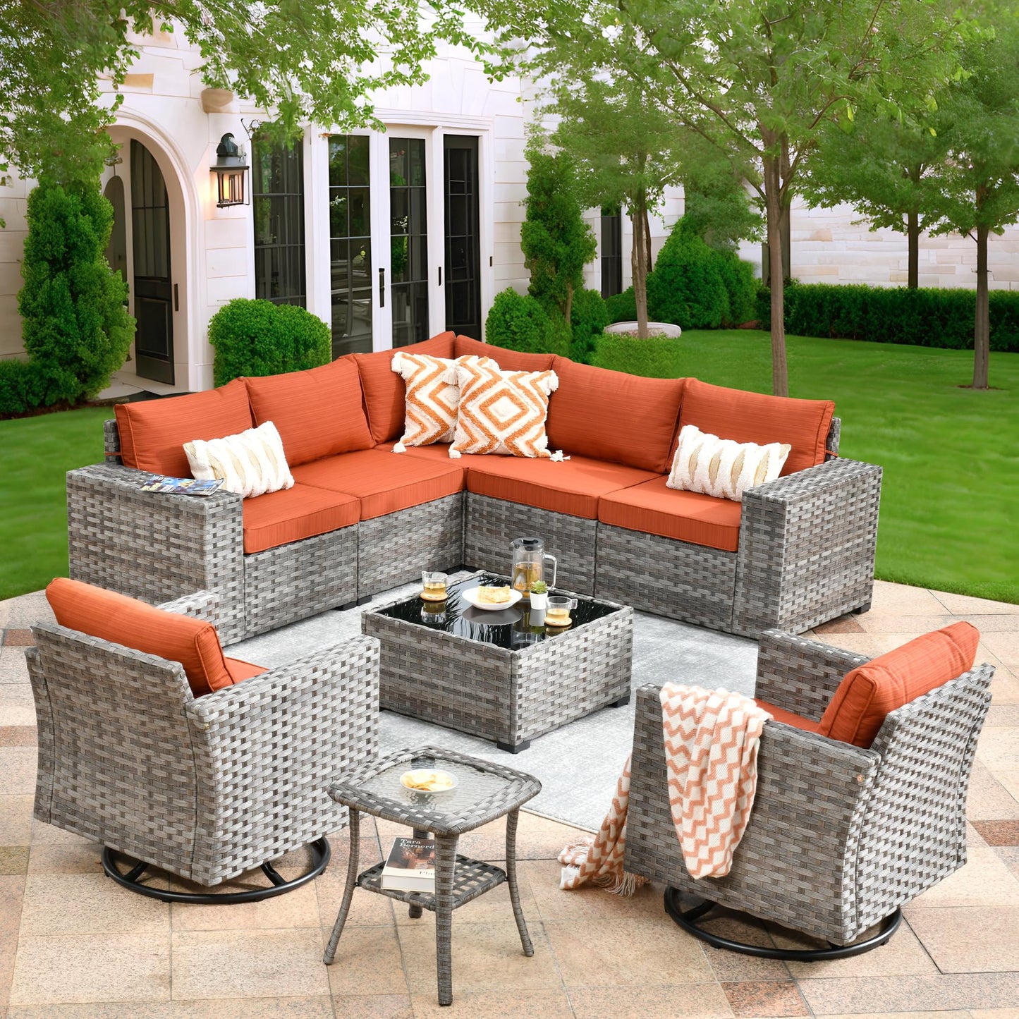OVIOS 9 Pieces Outdoor Furniture with 7.68'' Broad Handrails and Rocking Chair