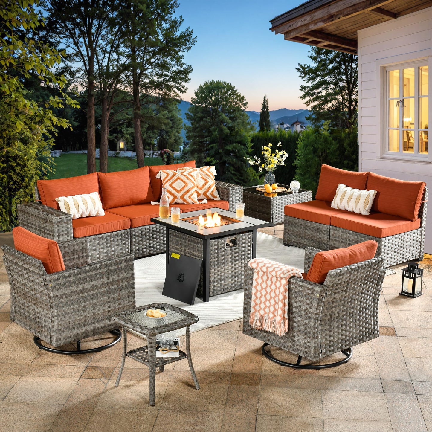 Ovios 10 Pieces Patio Furniture with 7.68'' Handrails and 30'' Fire Pit Table Rocking Chair