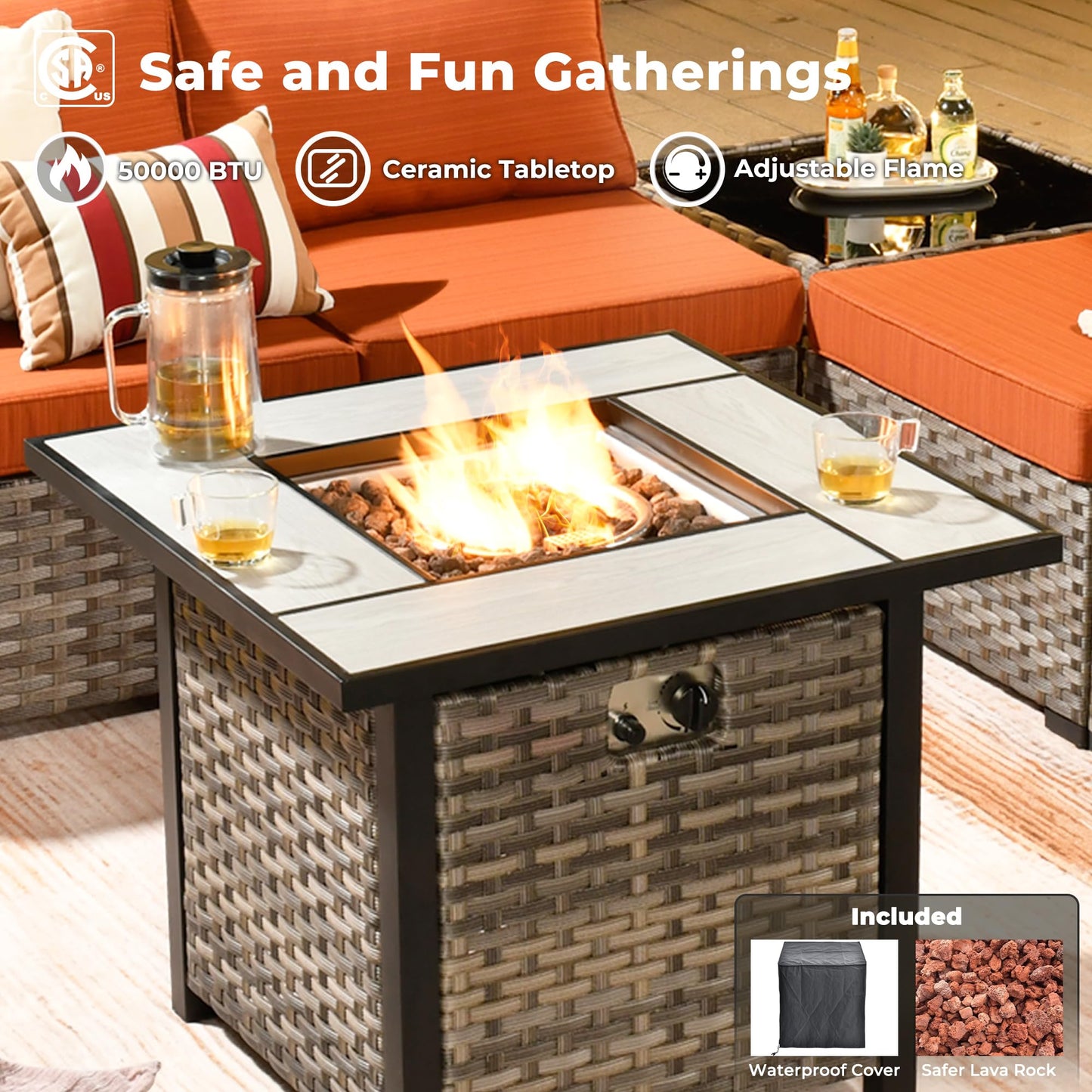 Ovios 10 Pieces Patio Furniture with 7.68'' Handrails and 30'' Fire Pit Table Rocking Chair