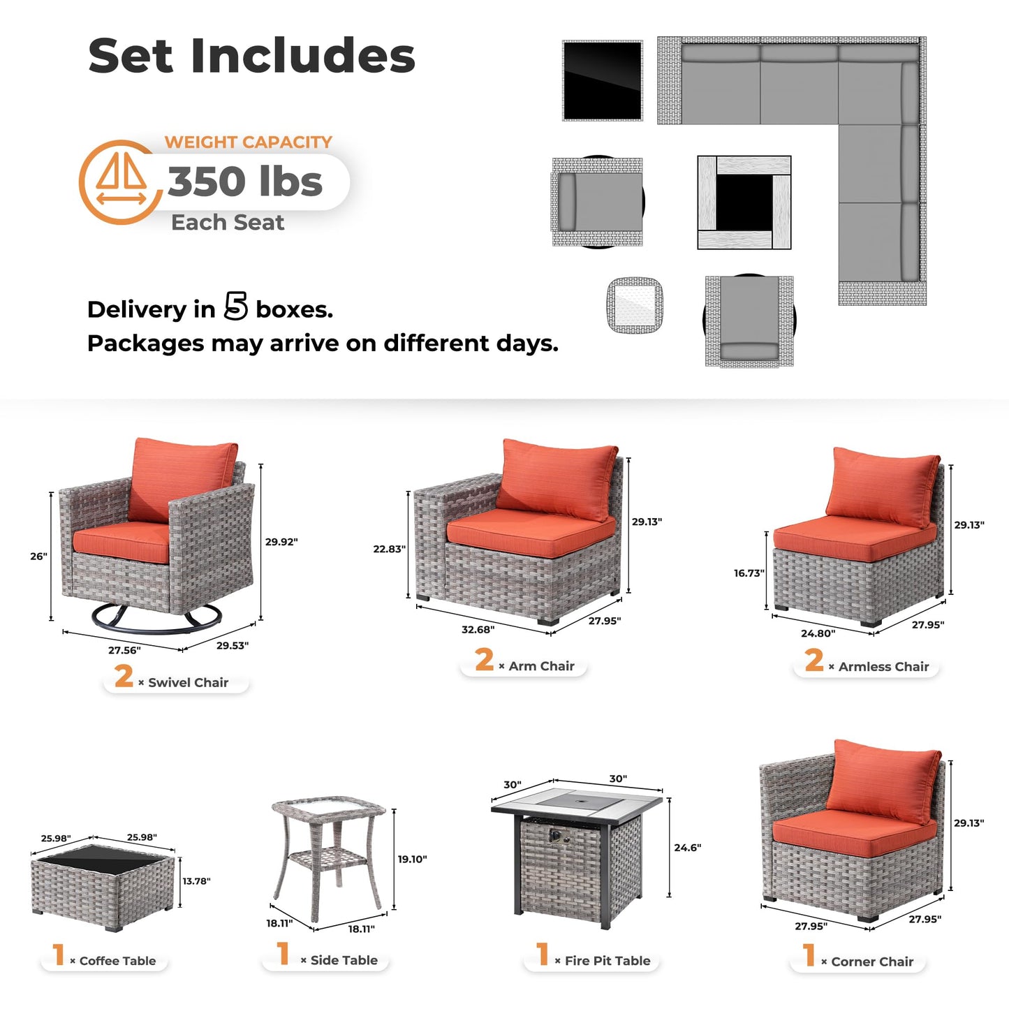 Ovios 10 Pieces Patio Furniture with 7.68'' Handrails and 30'' Fire Pit Table Rocking Chair
