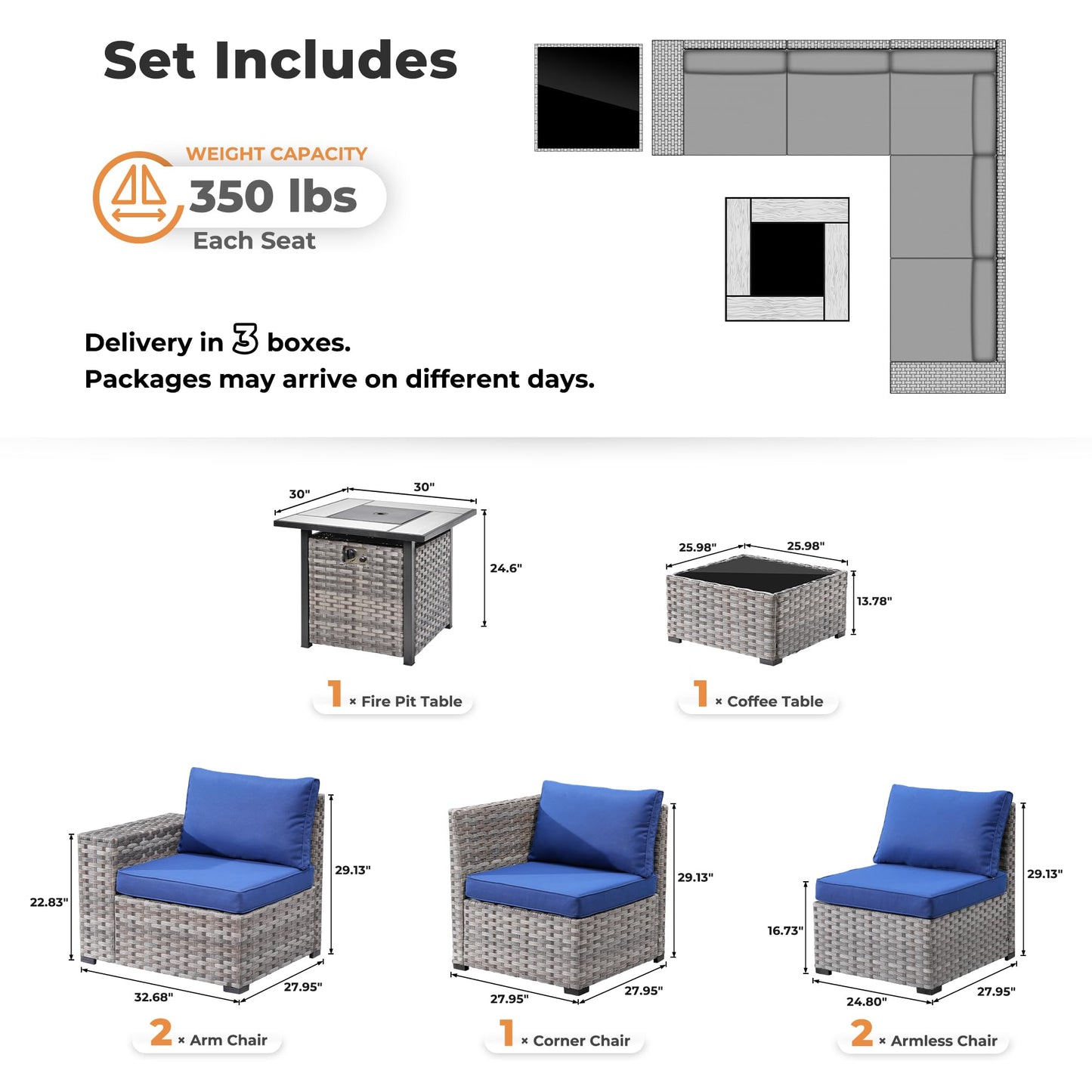 OVIOS 7-Piece Outdoor Furniture Set with 7.68'' Wide Armrests