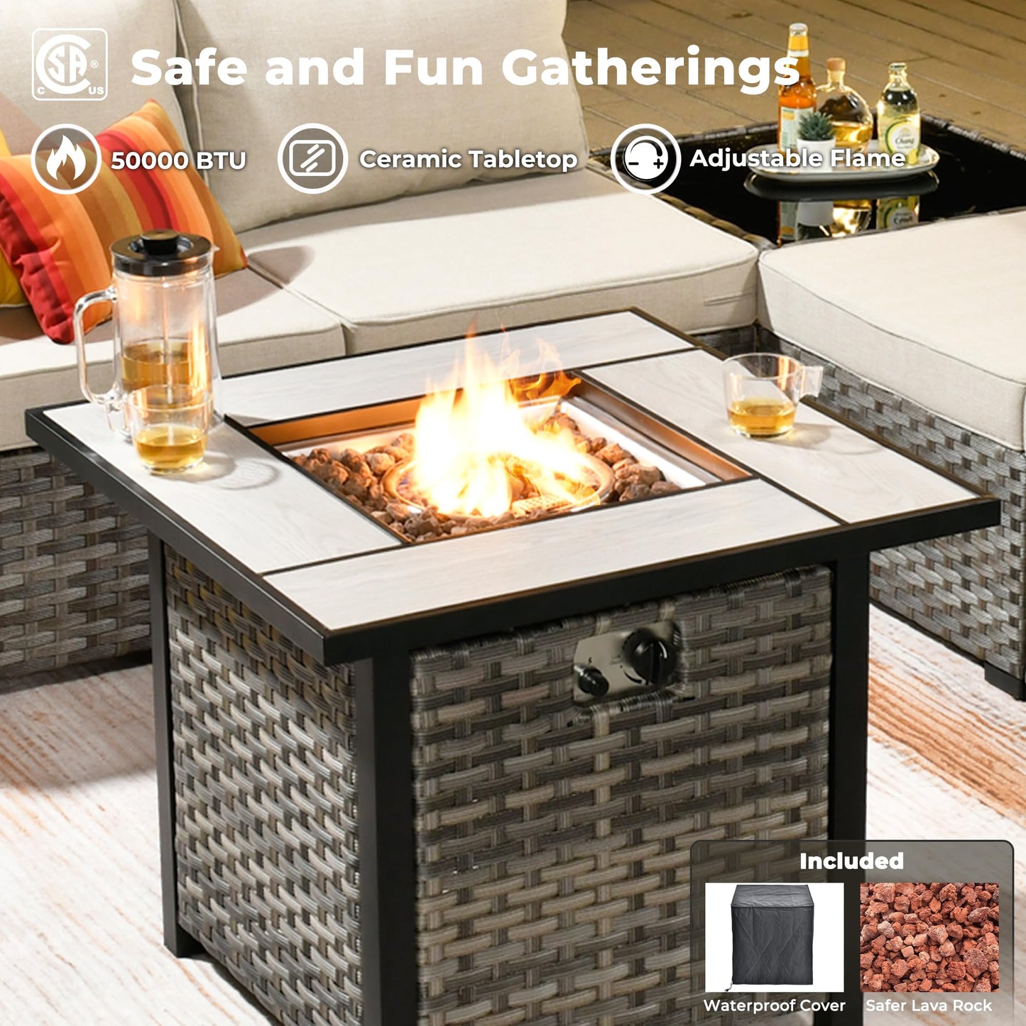 Ovios 10 Pieces Patio Furniture with 7.68'' Handrails and 30'' Fire Pit Table Rocking Chair