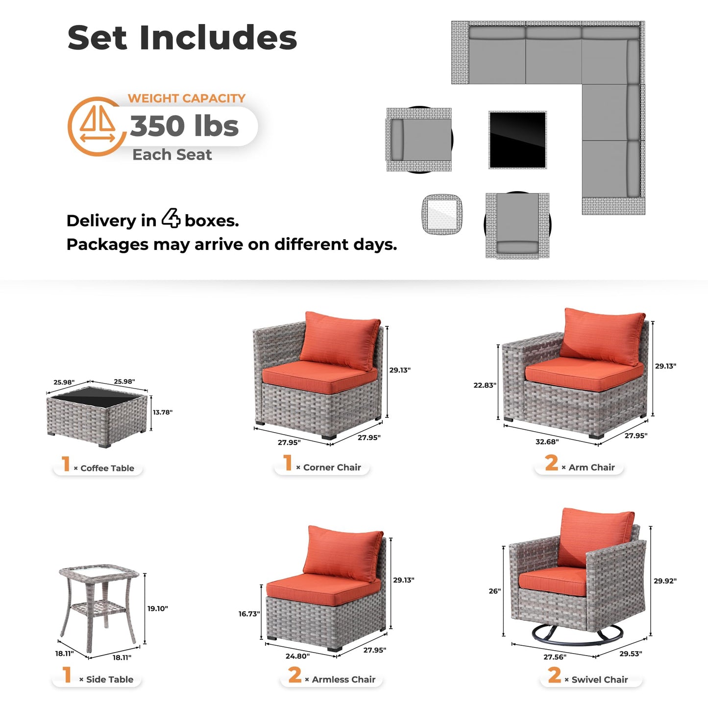 OVIOS 9 Pieces Outdoor Furniture with 7.68'' Broad Handrails and Rocking Chair