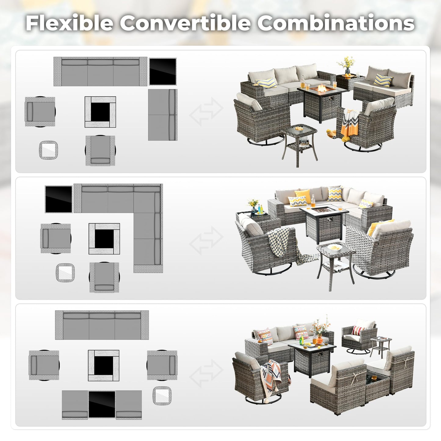 Ovios 10 Pieces Patio Furniture with 7.68'' Handrails and 30'' Fire Pit Table Rocking Chair