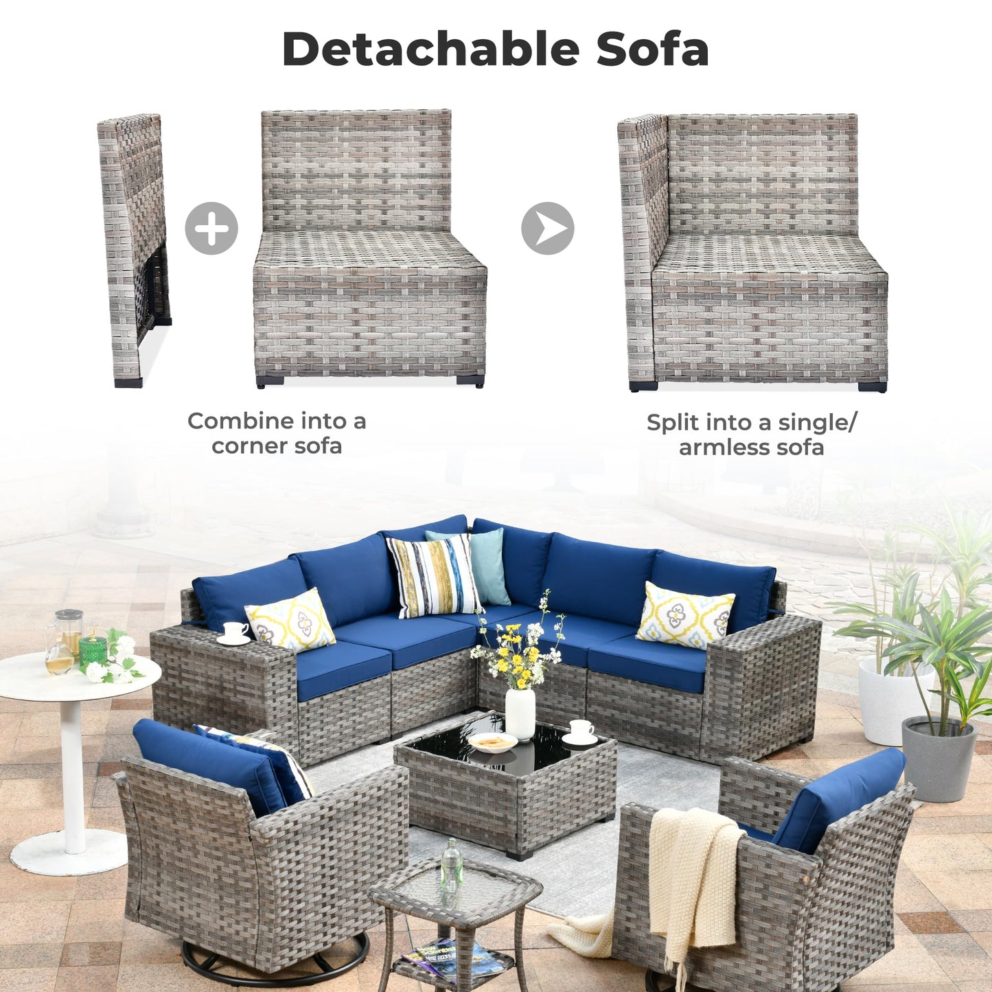 OVIOS 9 Pieces Outdoor Furniture with 7.68'' Broad Handrails and Rocking Chair