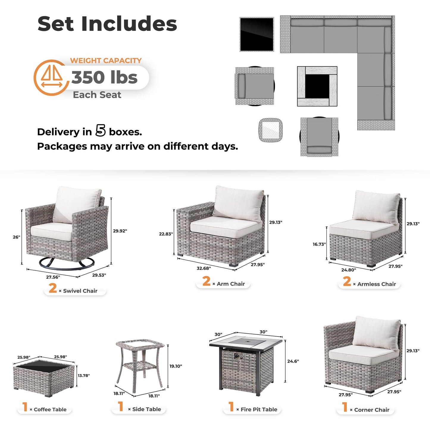 Ovios 10 Pieces Patio Furniture with 7.68'' Handrails and 30'' Fire Pit Table Rocking Chair