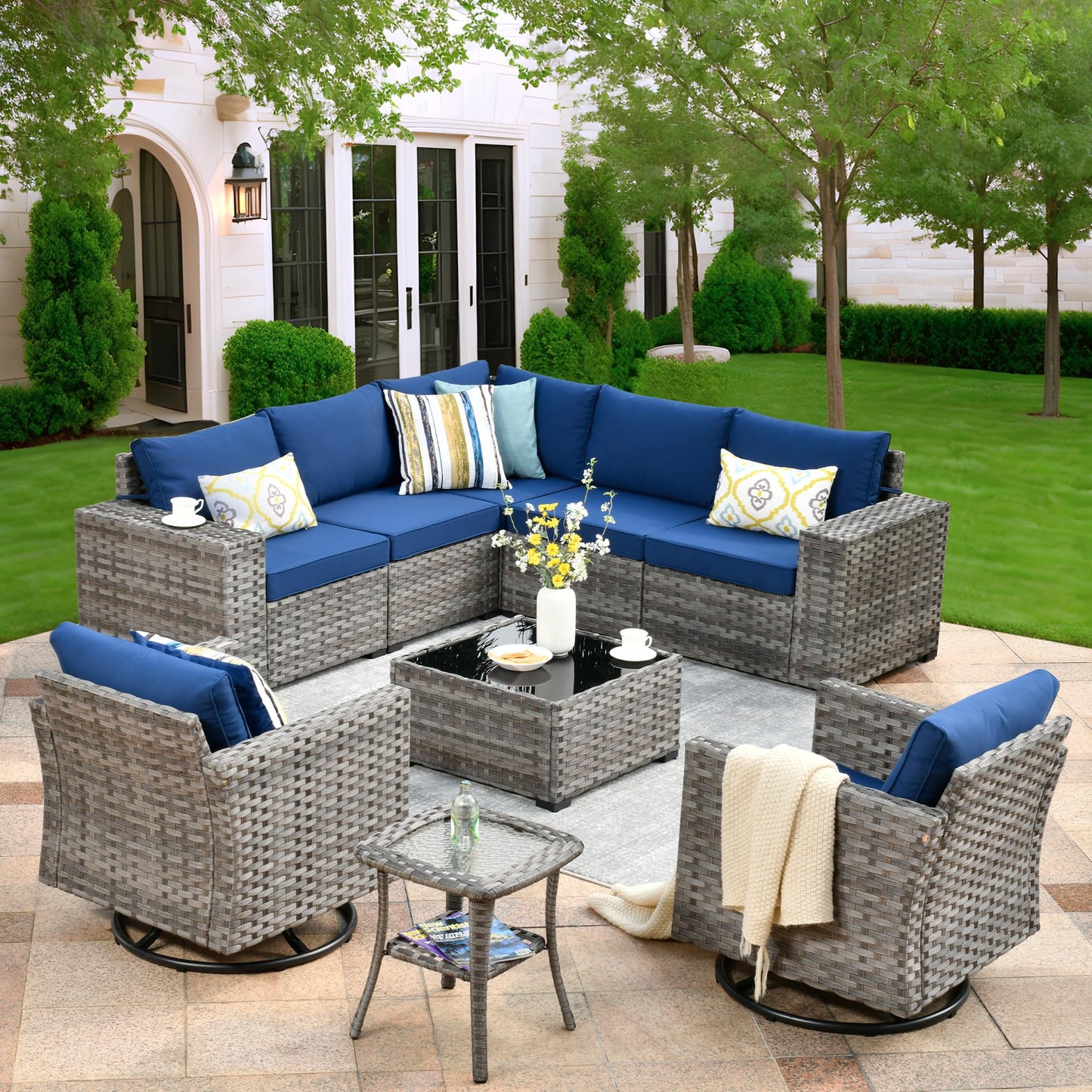 OVIOS 9 Pieces Outdoor Furniture with 7.68'' Broad Handrails and Rocking Chair