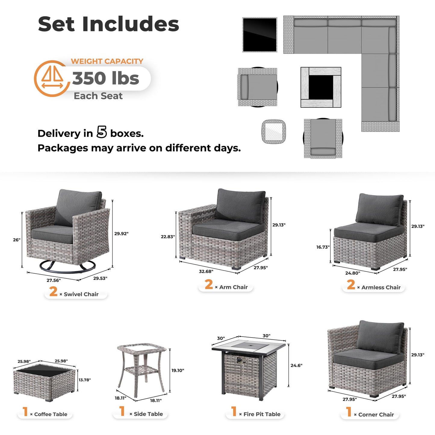 Ovios 10 Pieces Patio Furniture with 7.68'' Handrails and 30'' Fire Pit Table Rocking Chair