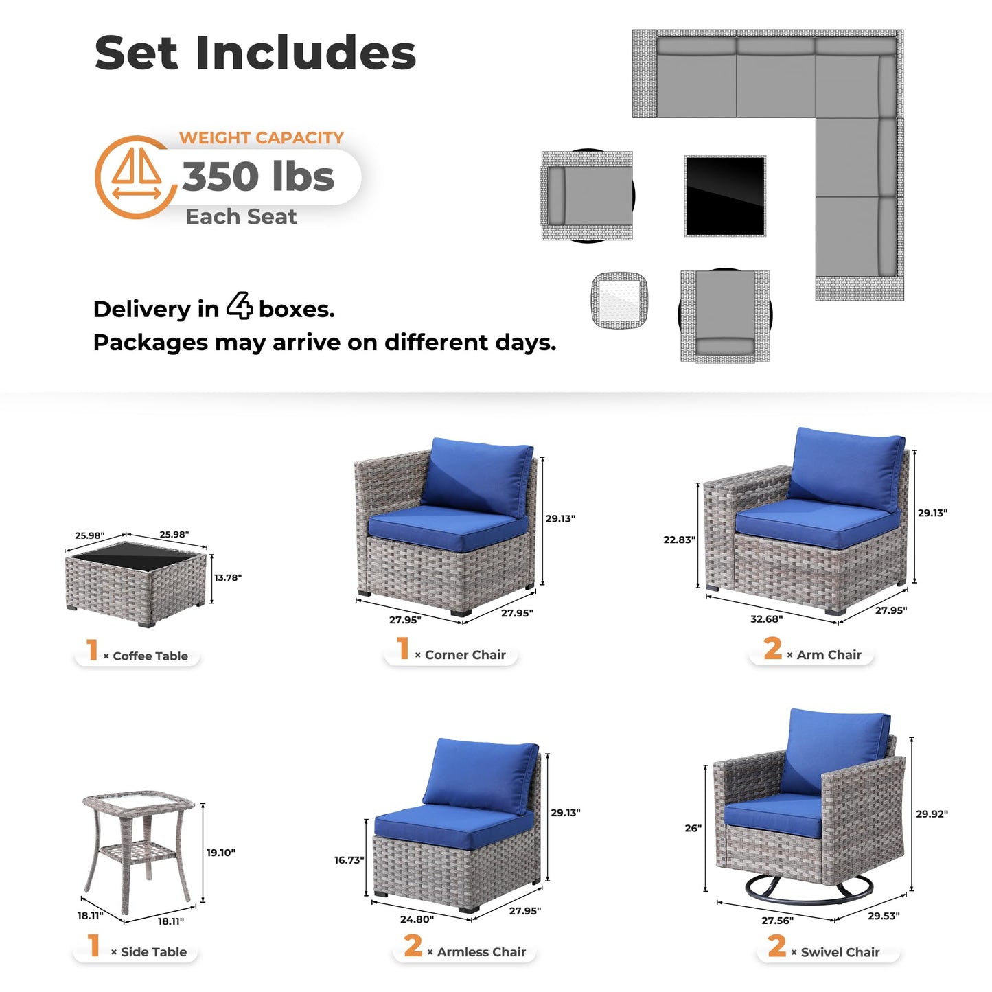 OVIOS 9 Pieces Outdoor Furniture with 7.68'' Broad Handrails and Rocking Chair