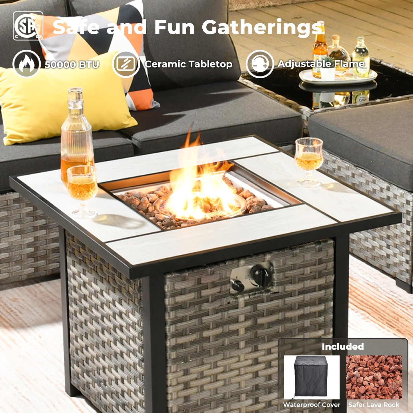 Ovios 10 Pieces Patio Furniture with 7.68'' Handrails and 30'' Fire Pit Table Rocking Chair