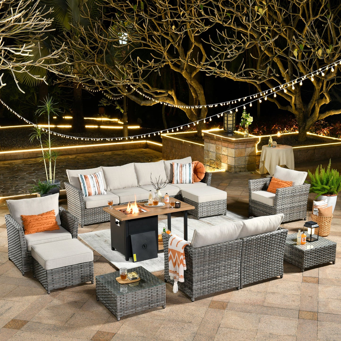 OVIOS Patio Furniture Set 13-Piece include 42"Rectangle Fire Pit Table, Partially Assembled,BRS Series
