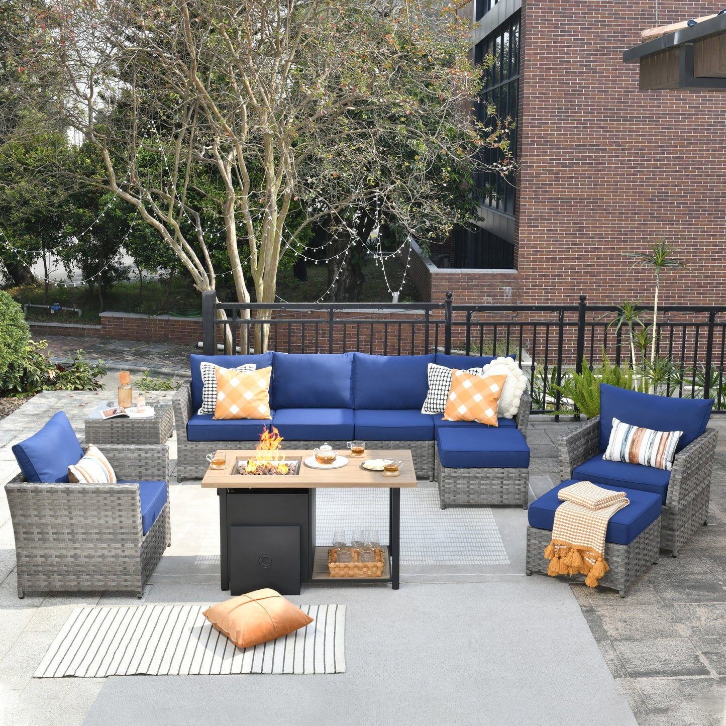 OVIOS Patio Furniture Set 10-Piece include 42"Rectangle Fire Pit Table, Partially Assembled,BRS Series