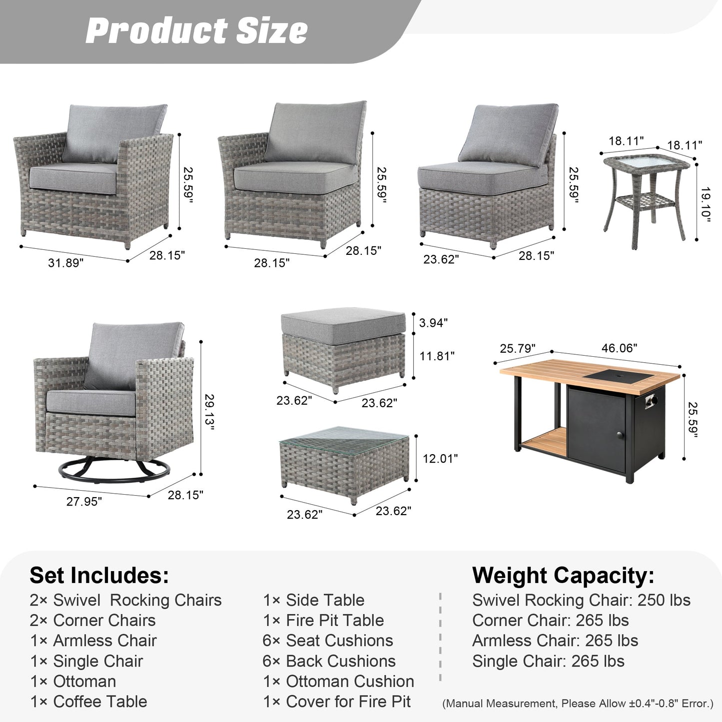 OVIOS Patio Furniture Set 10-Piece include 42"Rectangle Fire Pit Table&Swivel Chairs, Partially Assembled,BRS Series