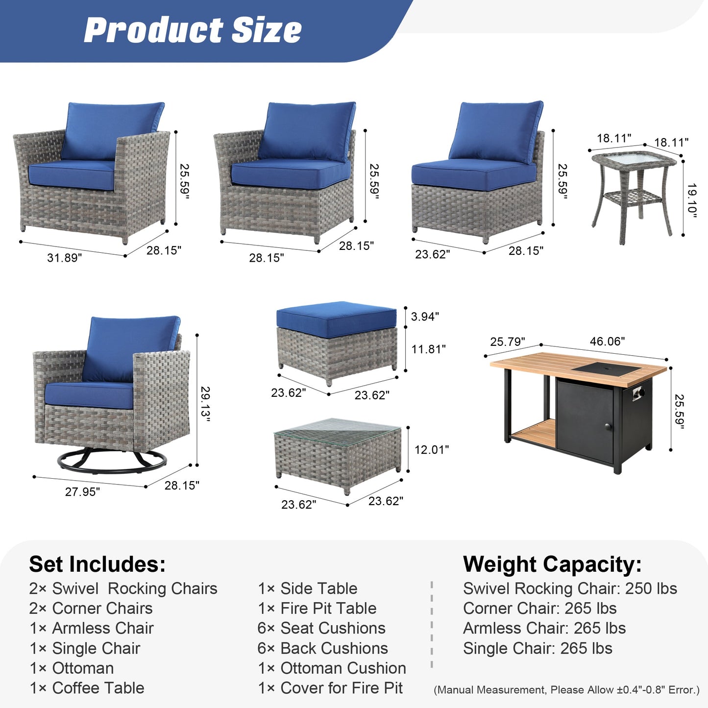 OVIOS Patio Furniture Set 10-Piece include 42"Rectangle Fire Pit Table&Swivel Chairs, Partially Assembled,BRS Series