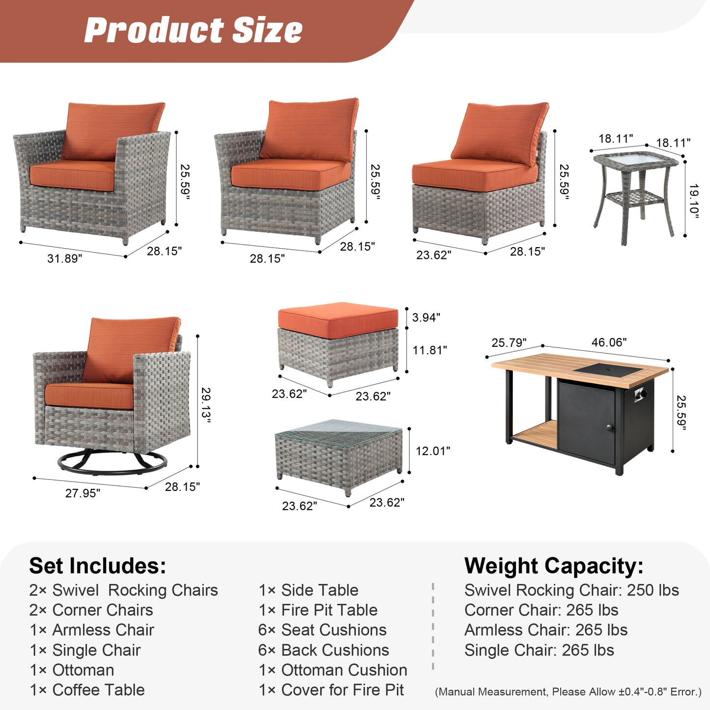 OVIOS Patio Furniture Set 10-Piece include 42"Rectangle Fire Pit Table&Swivel Chairs, Partially Assembled,BRS Series