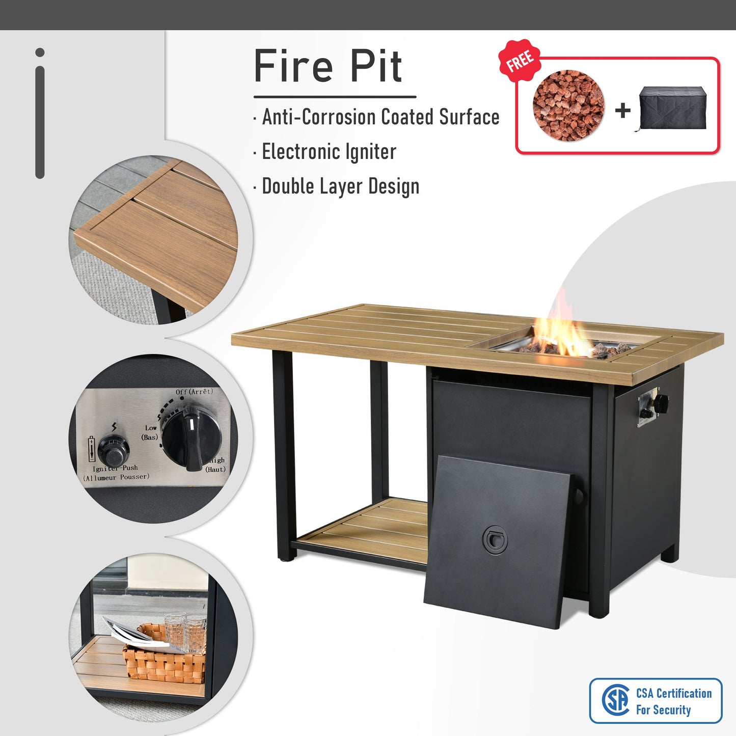 OVIOS Patio Furniture Set 10-Piece include 42"Rectangle Fire Pit Table&Swivel Chairs, Partially Assembled,BRS Series