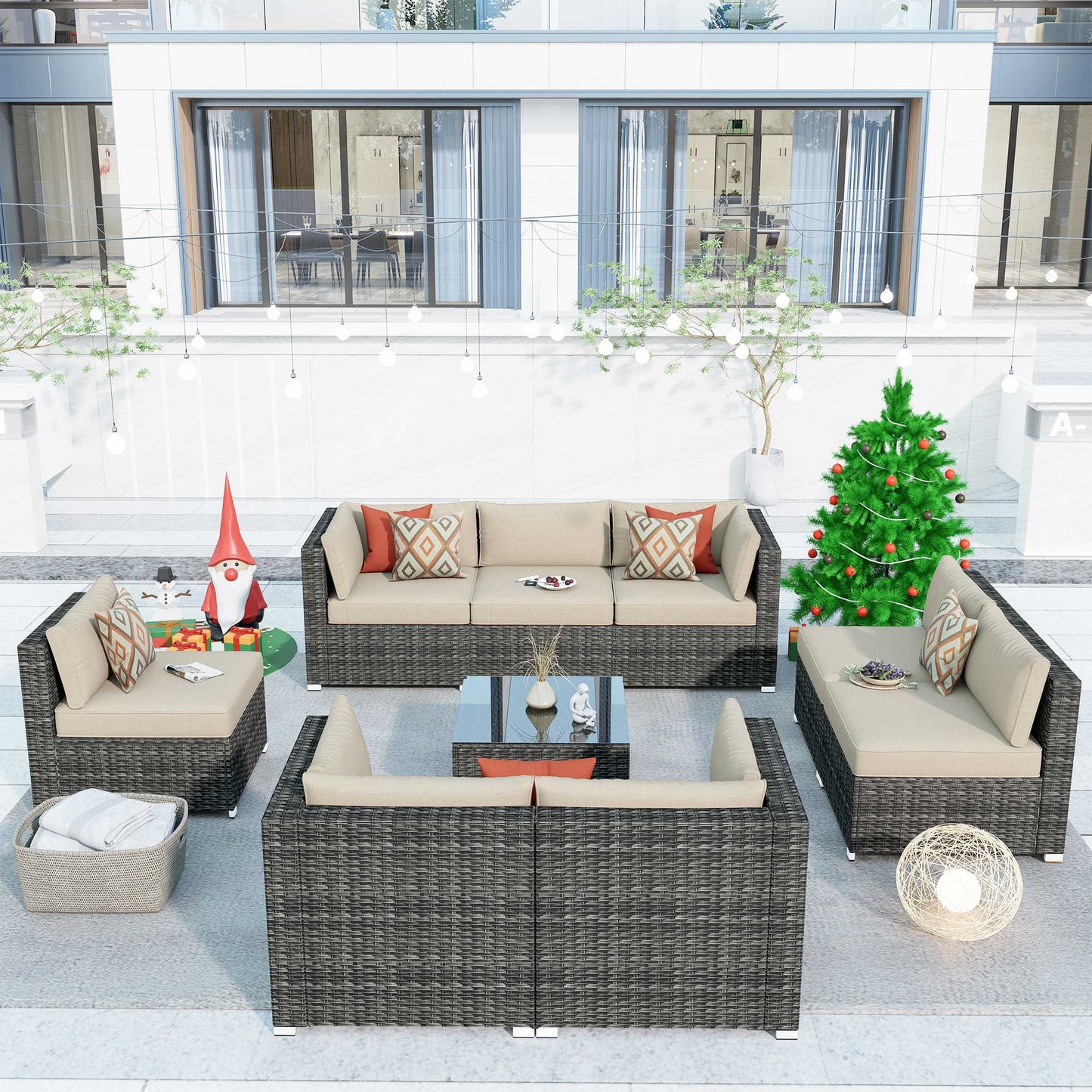 OVIOS Outdoor Sectional Furniture 9-Piece with Cushions and Table