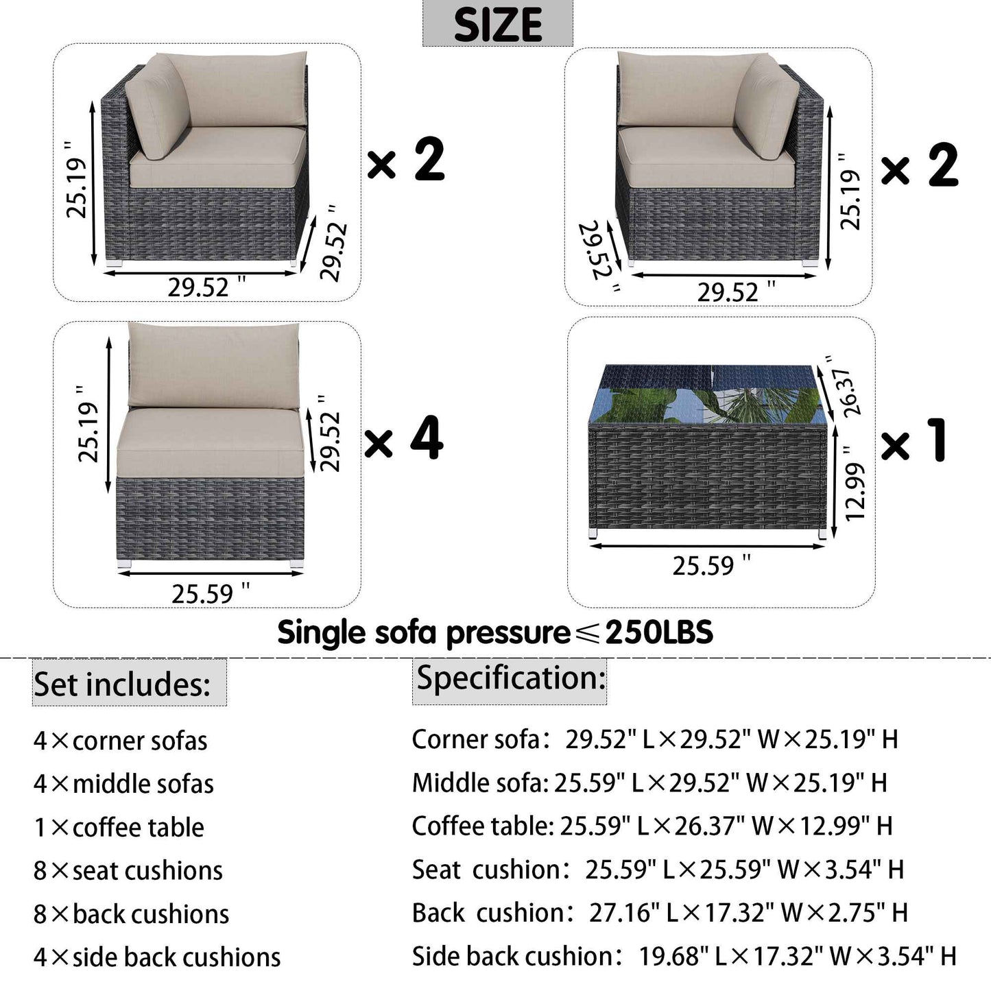 OVIOS Outdoor Sectional Furniture 9-Piece with Cushions and Table