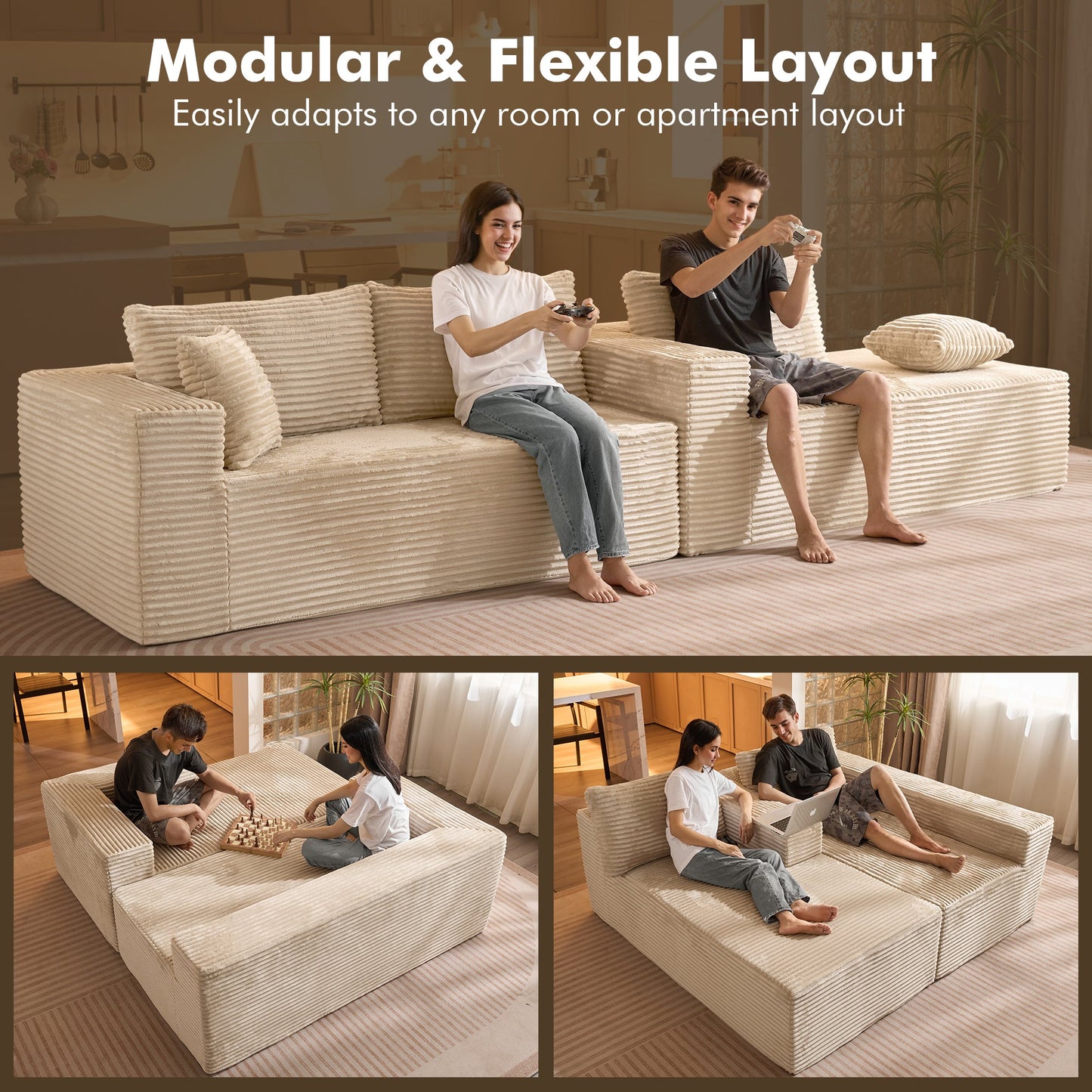 OVIOS 104" L-Shape Modular Couch with Chaise, Plush Corduroy Fabric, No Assembly Required