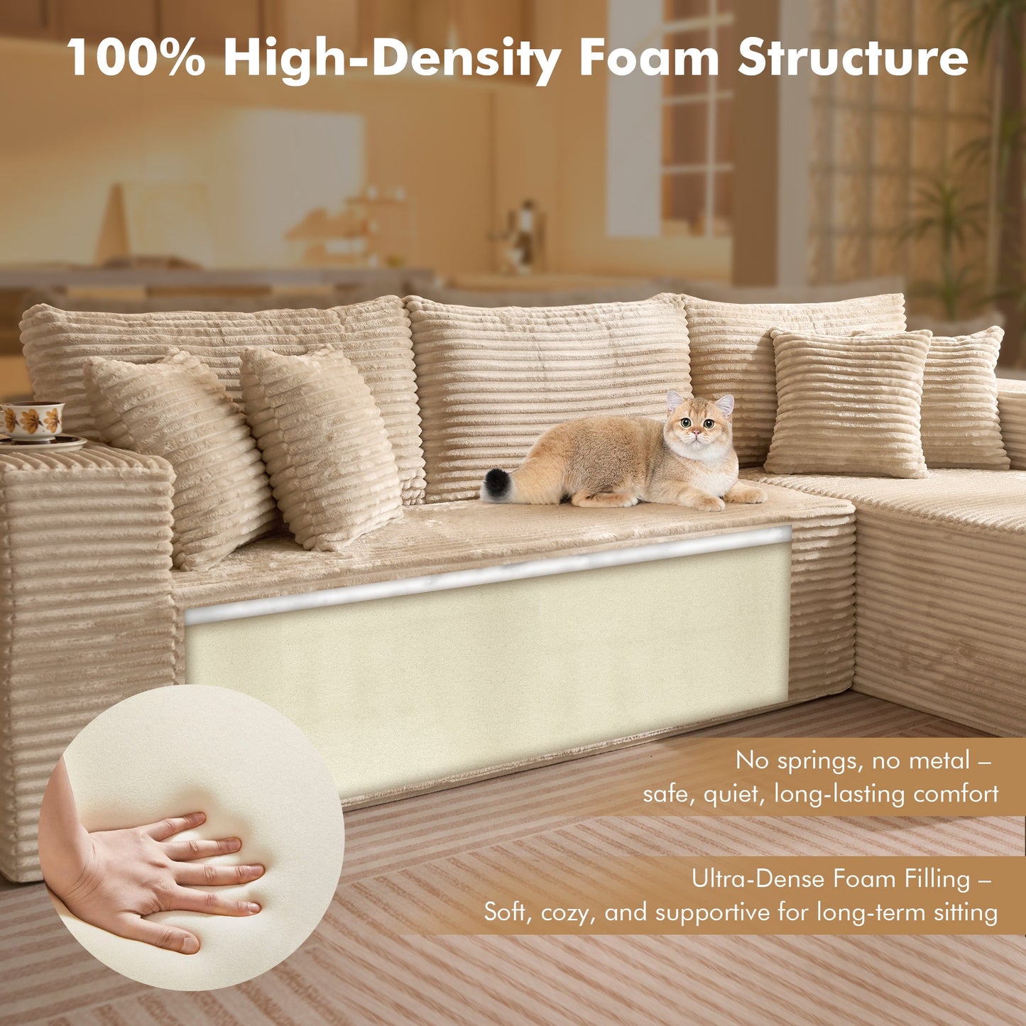 OVIOS 104" L-Shape Modular Couch with Chaise, Plush Corduroy Fabric, No Assembly Required